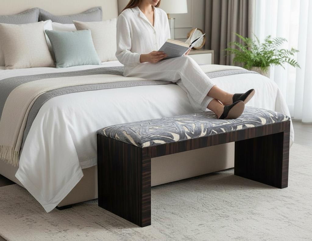 Add a touch of sophisticated glamour to your space with this handcrafted modern bench by Carrocel. Featuring the rich, striking grain of Macassar woods finished in a high gloss, this piece showcases a minimalist modern design with subtle Art Deco