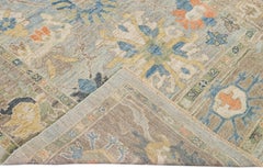 Modern Mahal Blue Handmade Wool Runner with Floral Design
