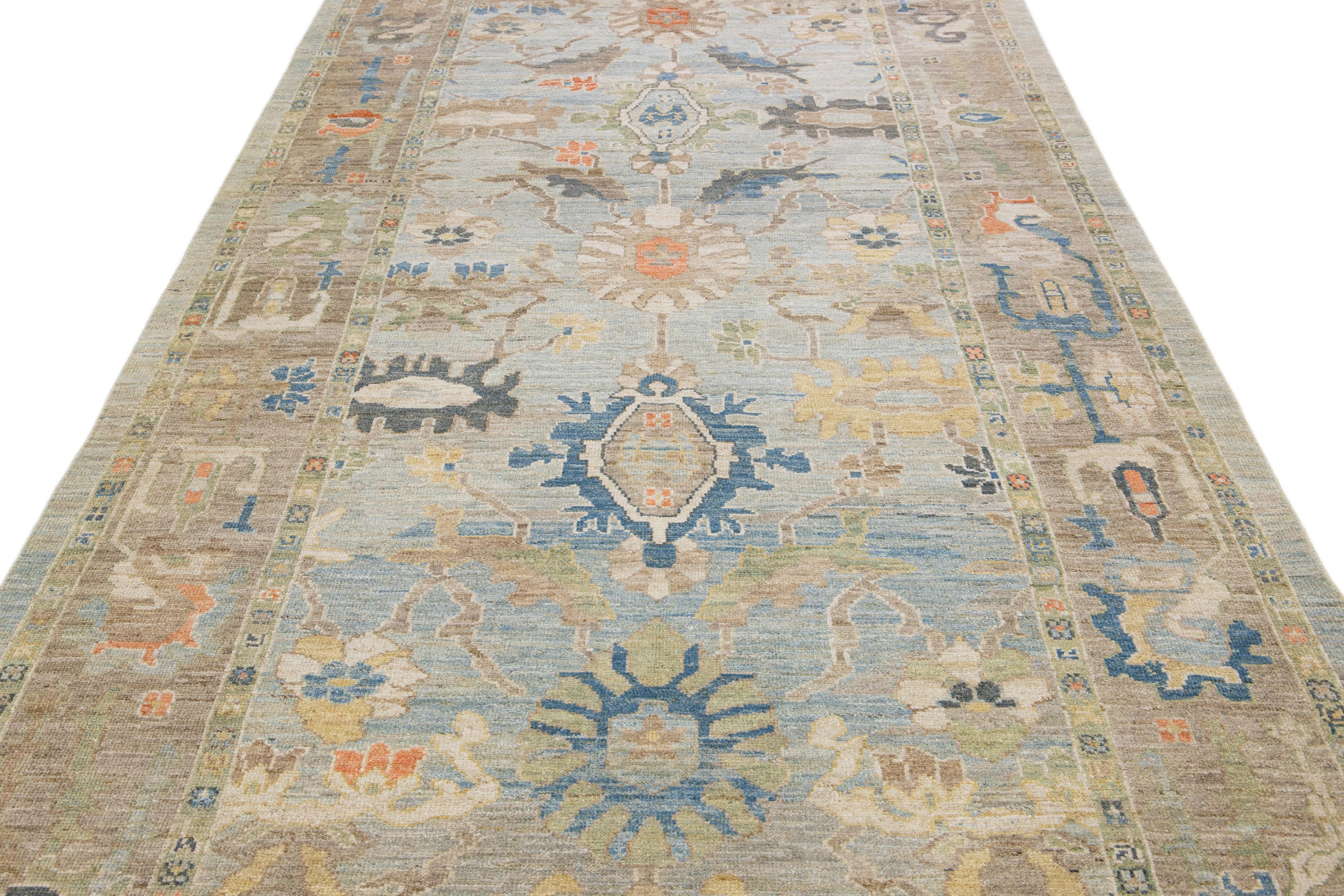 Islamic Modern Mahal Blue Handmade Wool Runner with Floral Design For Sale
