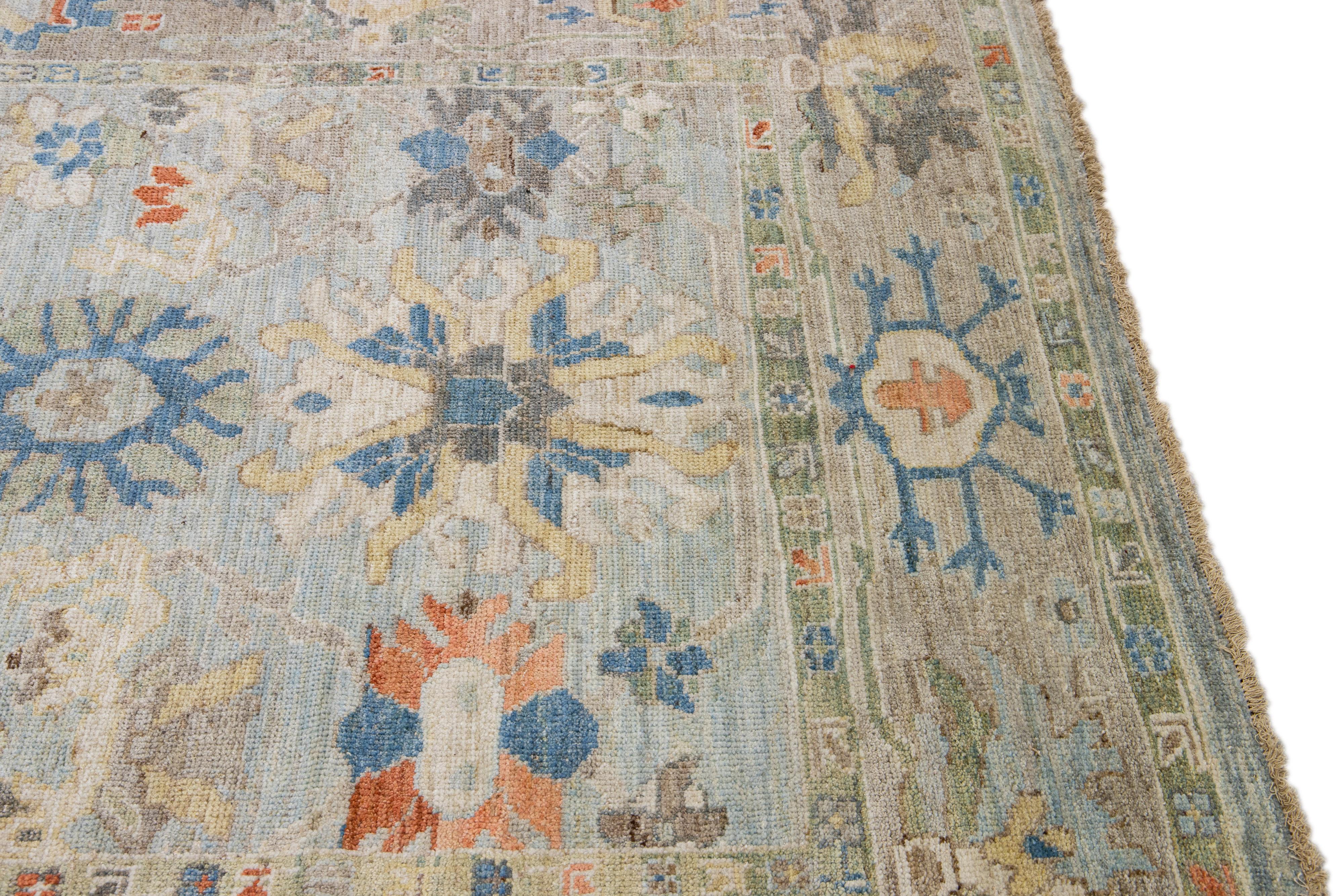 Modern Mahal Blue Handmade Wool Runner with Floral Design For Sale 1