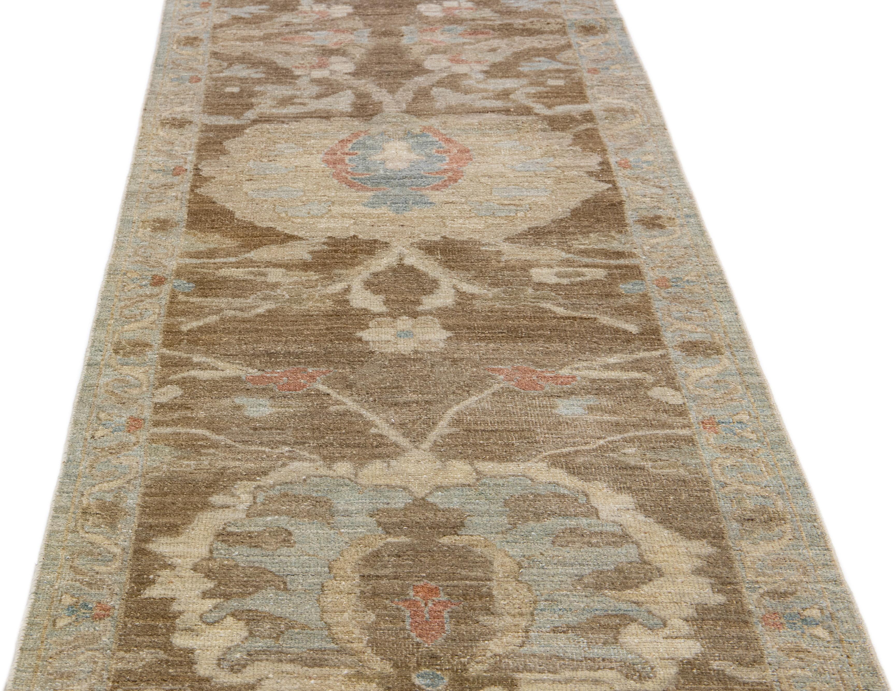 Islamic Modern Mahal Brown Handmade Floral Designed Long Wool Runner For Sale