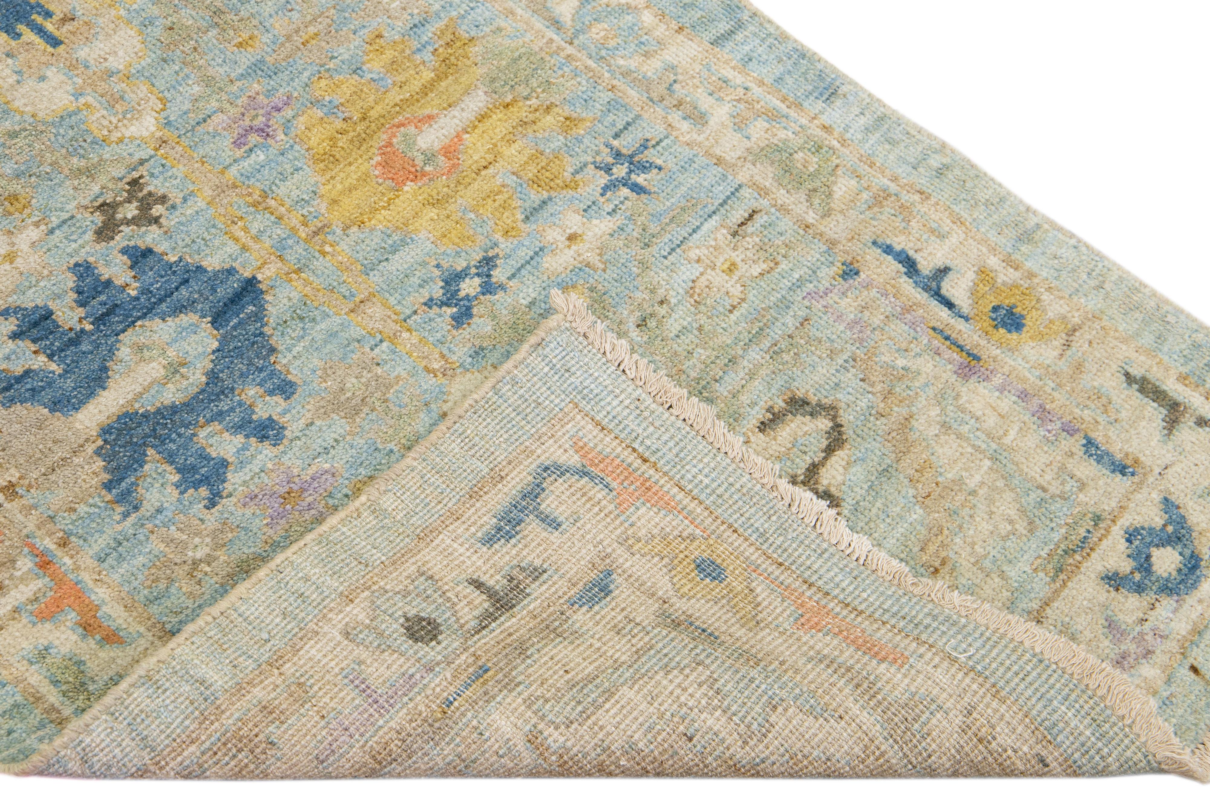 Beautiful modern Mahal hand-knotted wool runner with a light blue field. This Piece has multicolor accents in a gorgeous all-over Classic floral design.

This rug measures: 2'9'' x 16'. 

Our rugs are professional cleaning before shipping.


