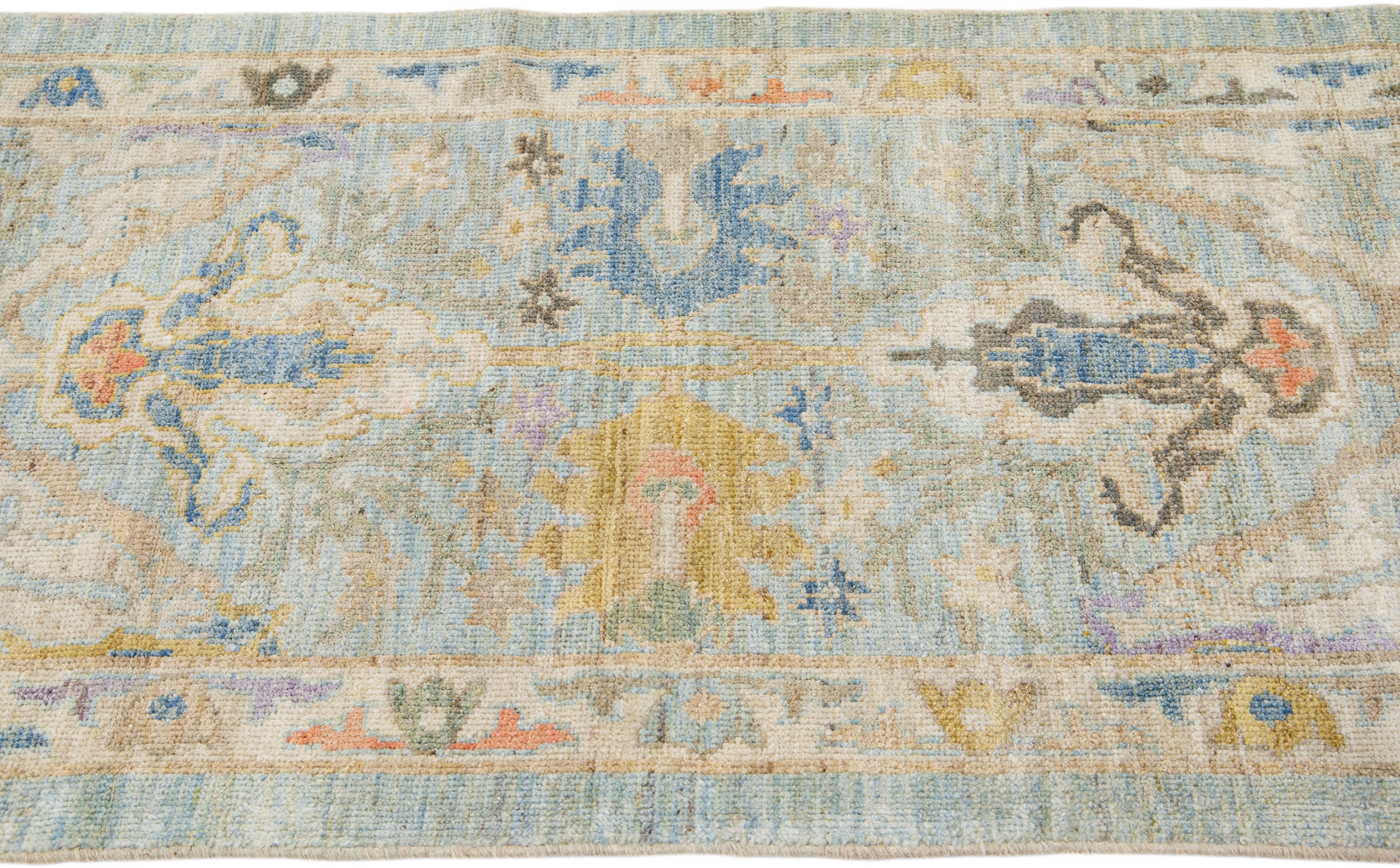 Hand-Knotted Modern Mahal Floral Designed Handmade Blue Wool Runner For Sale