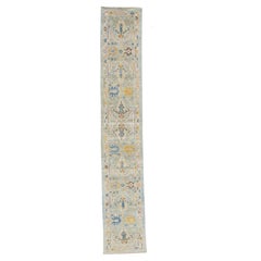 Modern Mahal Floral Designed Handmade Blue Wool Runner