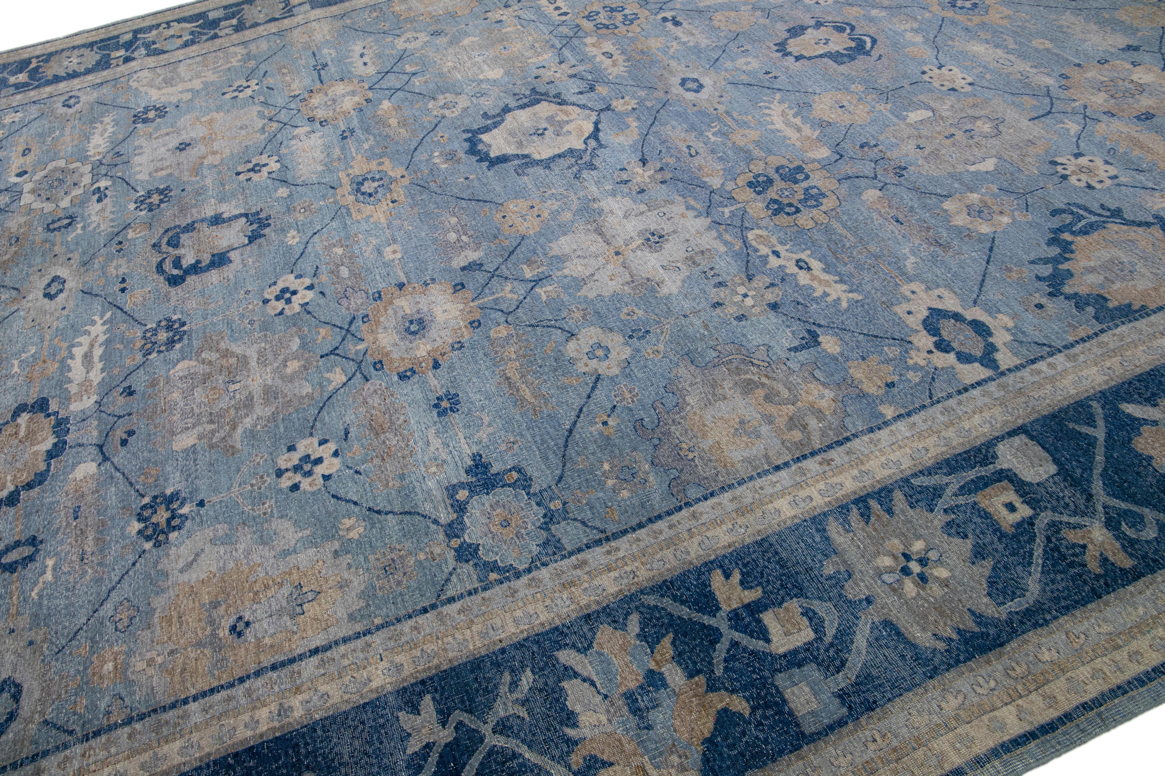 Hand-Knotted Modern Mahal Handmade Allover Indian Blue Wool Rug by Apadana For Sale