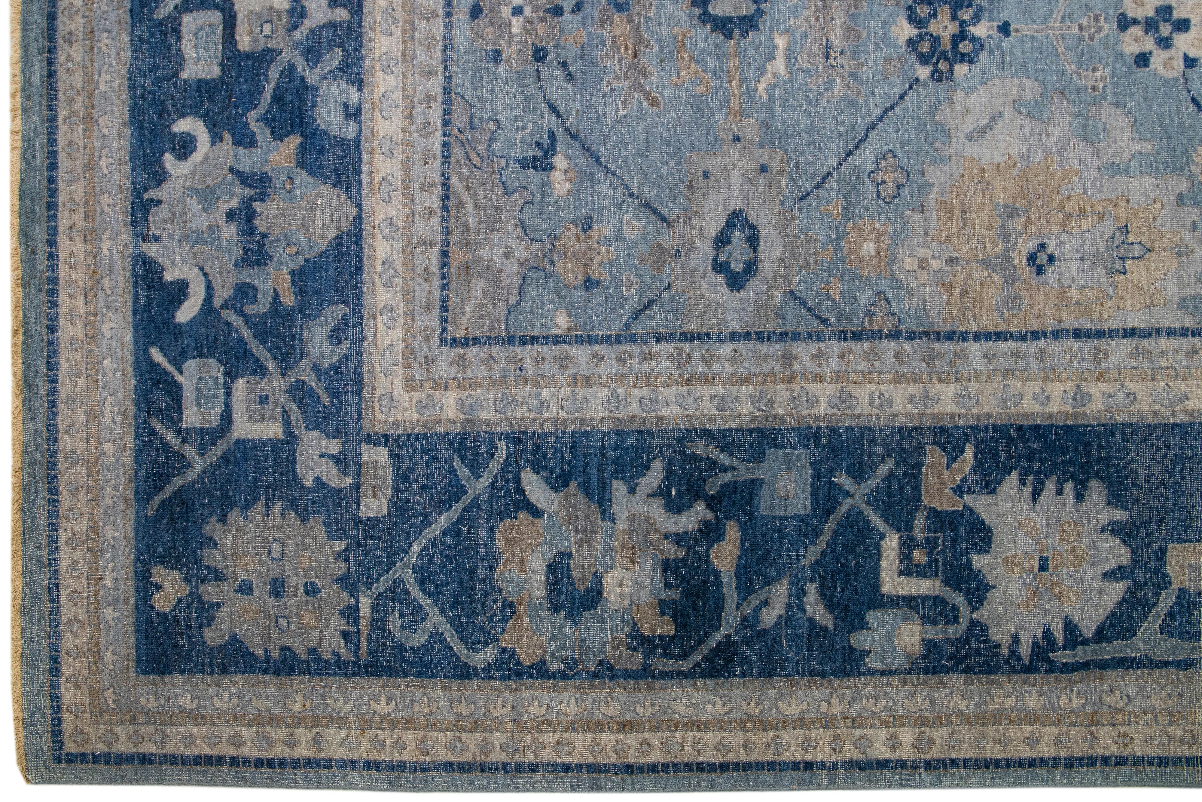Modern Mahal Handmade Allover Indian Blue Wool Rug by Apadana In New Condition For Sale In Norwalk, CT