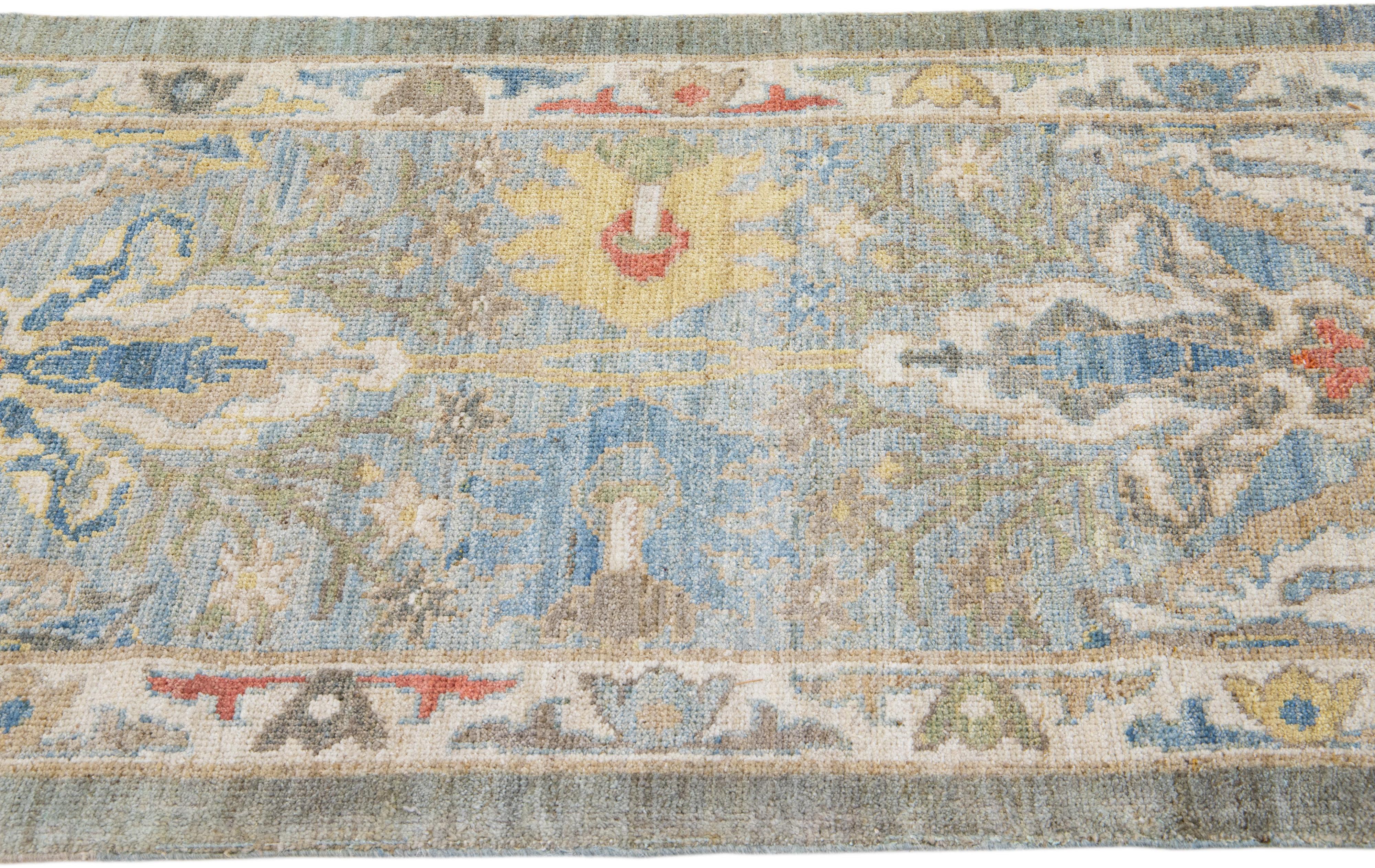 Persian Modern Mahal Handmade Blue Wool Runner With Floral Design For Sale