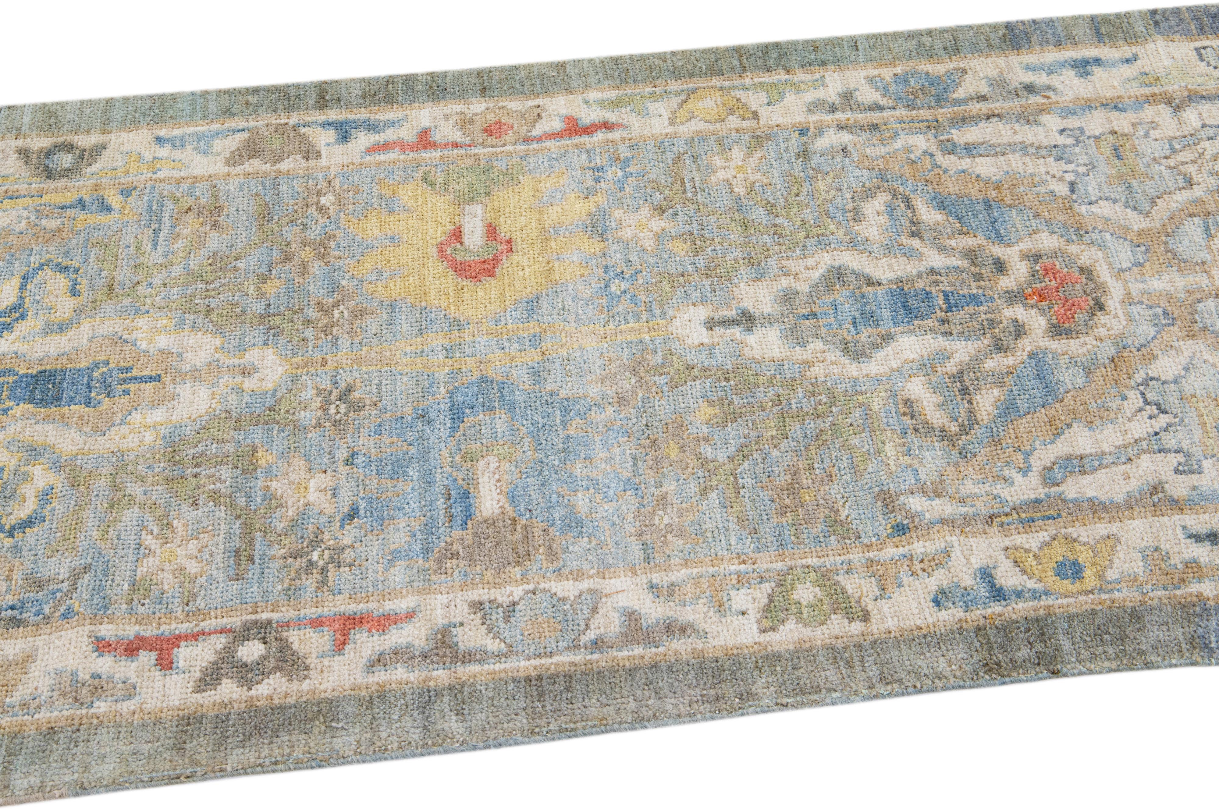Hand-Knotted Modern Mahal Handmade Blue Wool Runner With Floral Design For Sale