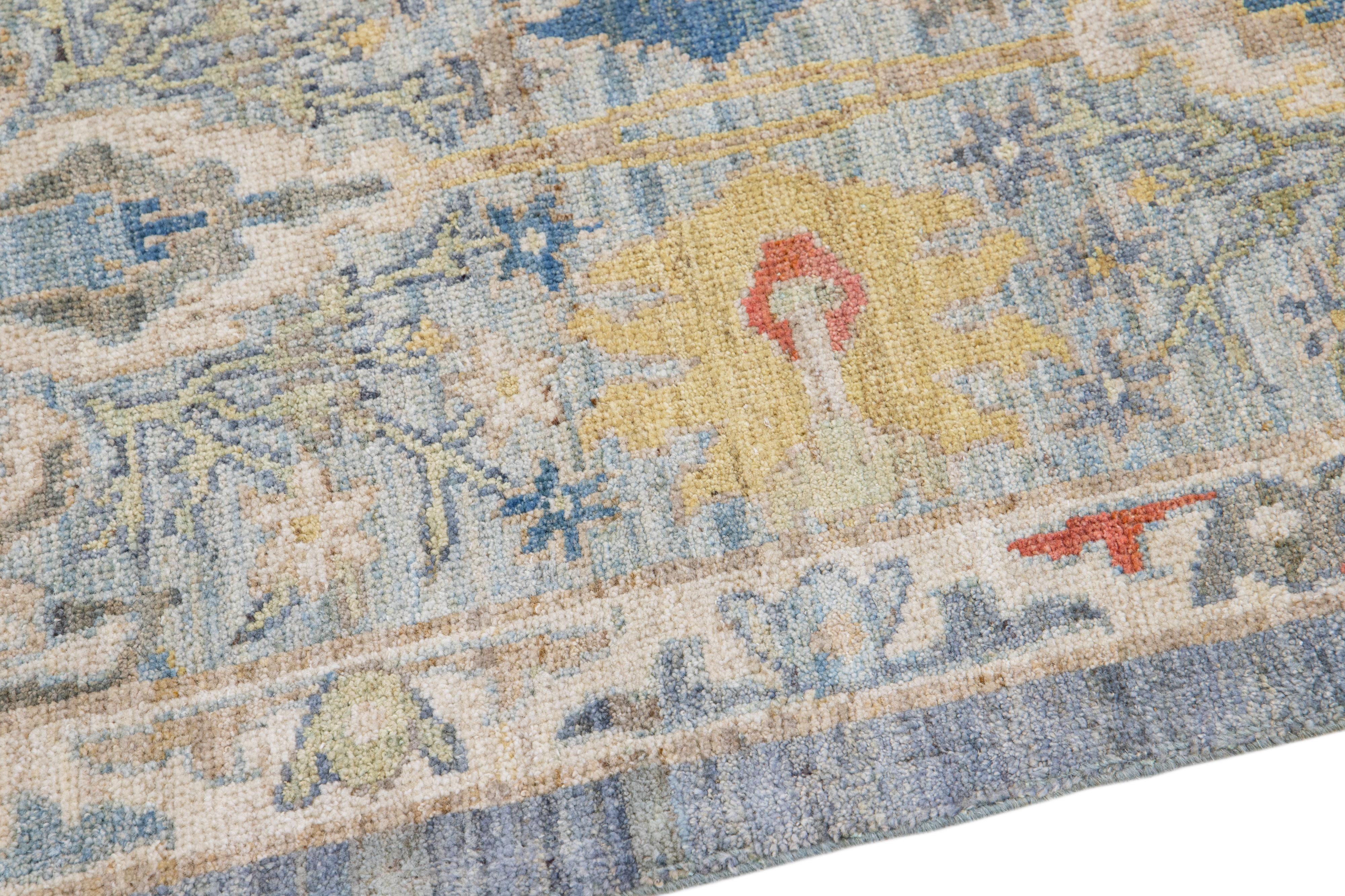 Modern Mahal Handmade Blue Wool Runner With Floral Design In New Condition For Sale In Norwalk, CT