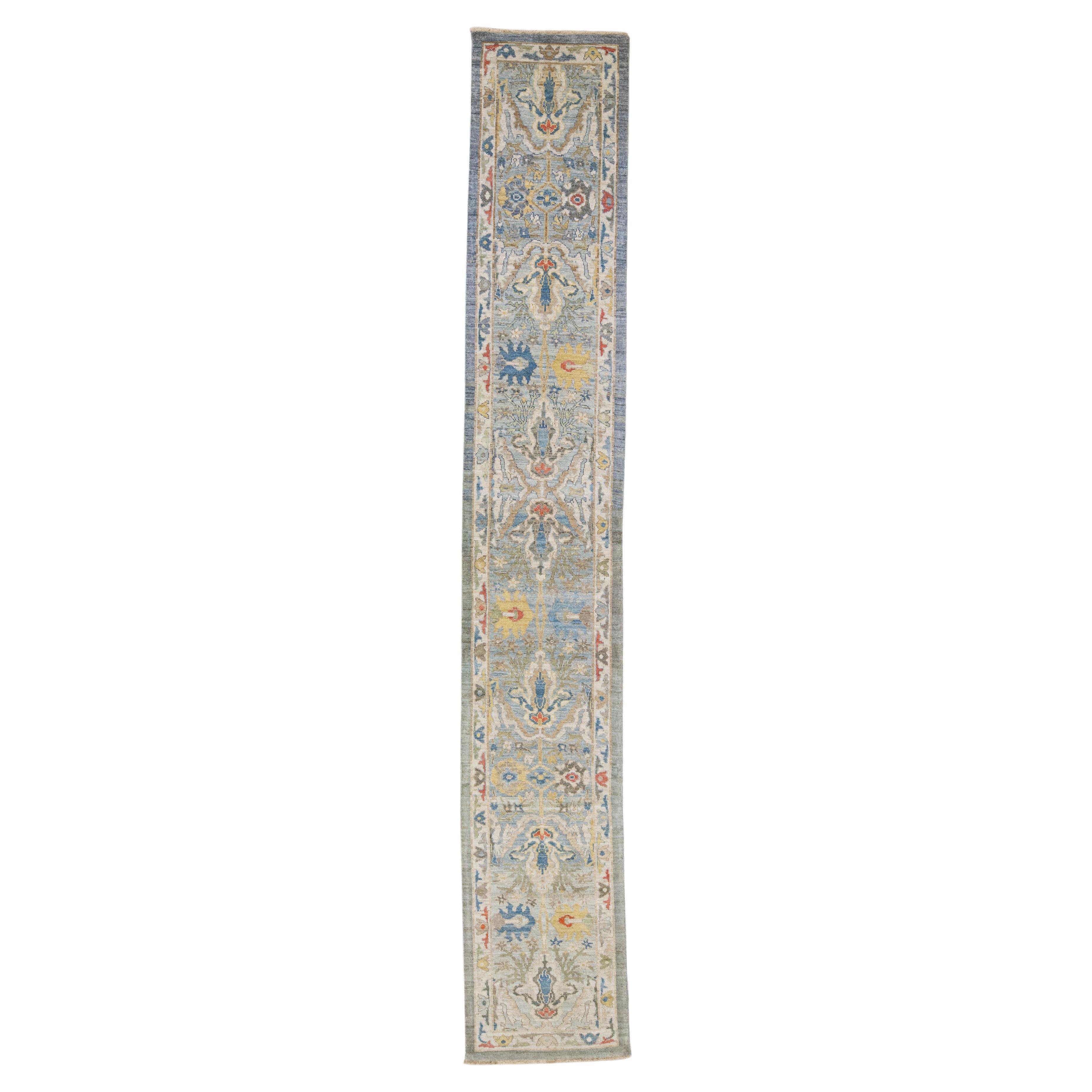 Modern Mahal Handmade Blue Wool Runner With Floral Design For Sale