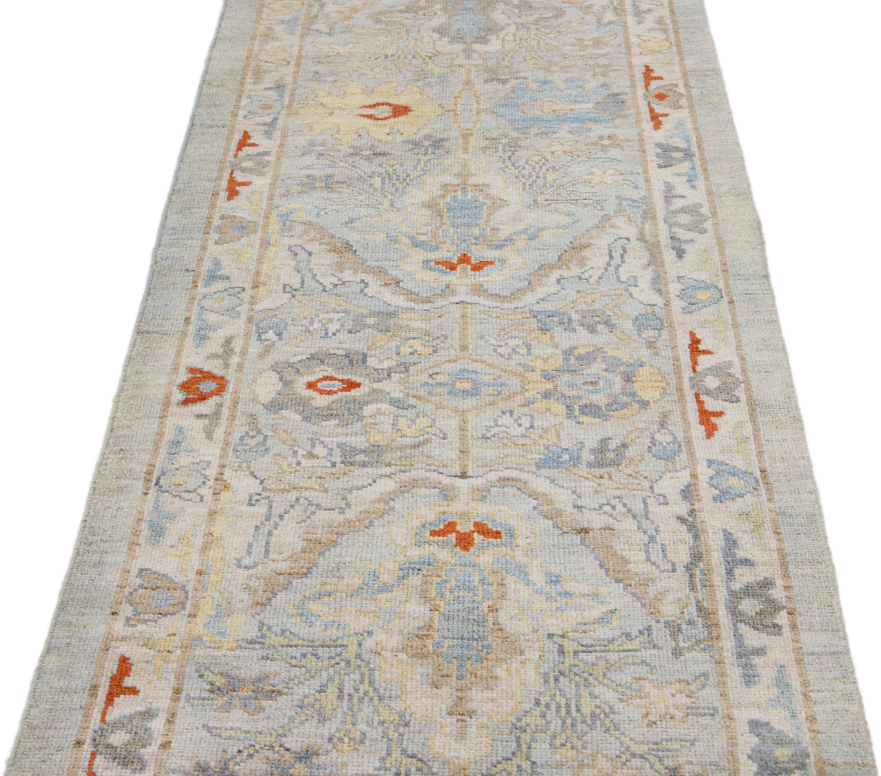 Islamic Modern Mahal Handmade Blue Wool Runner with Floral Motif For Sale