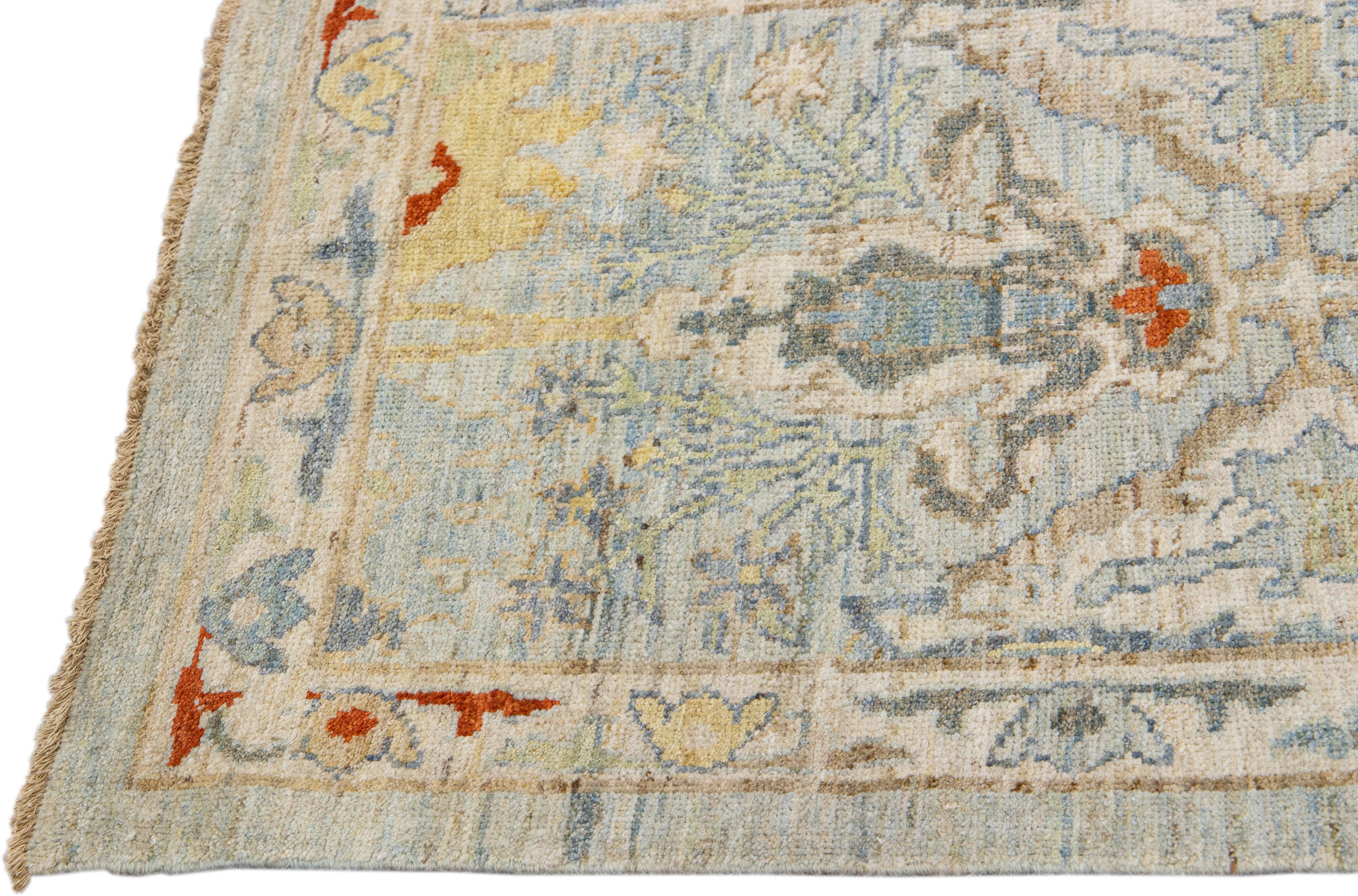 Persian Modern Mahal Handmade Blue Wool Runner with Floral Motif For Sale