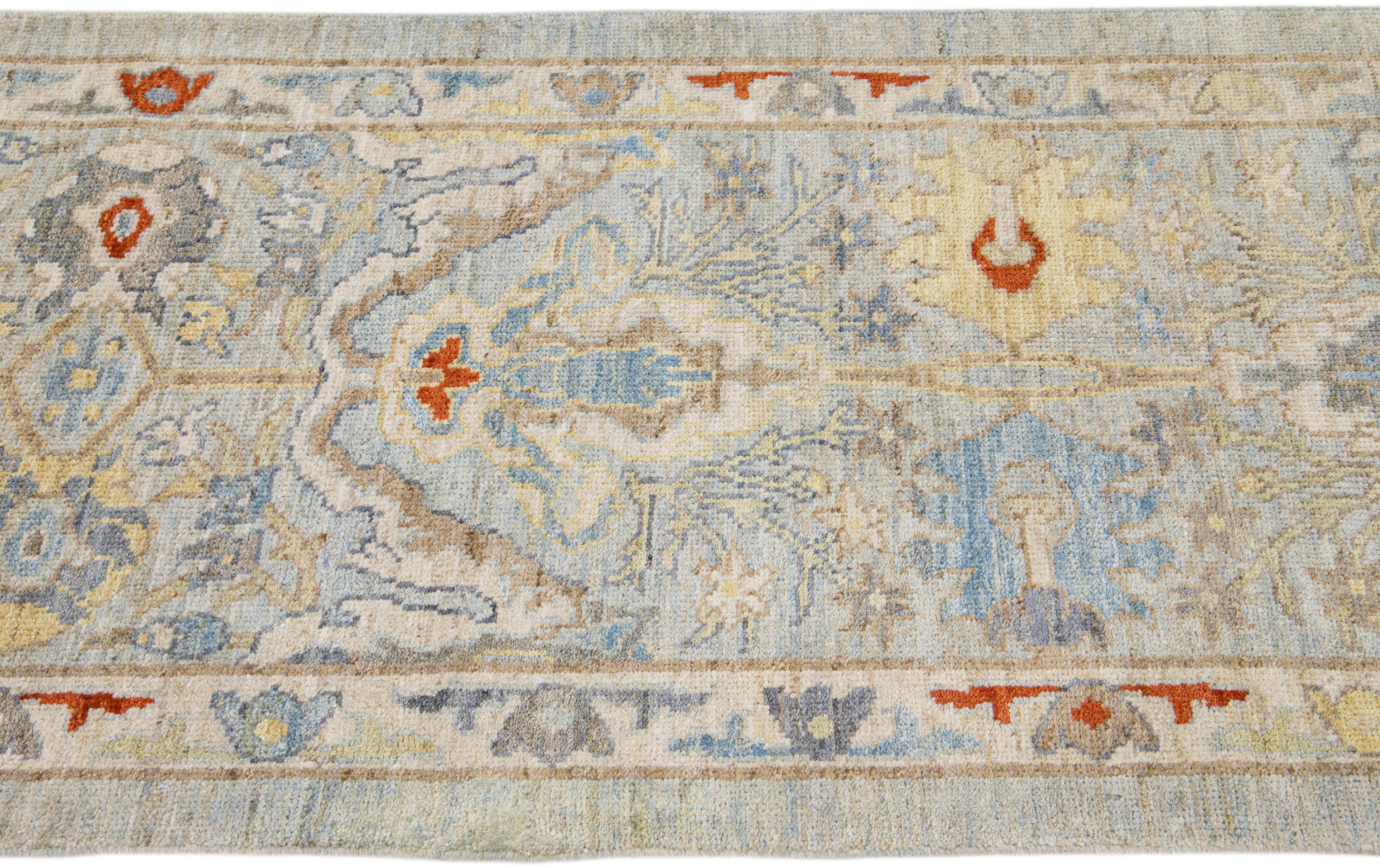 Hand-Knotted Modern Mahal Handmade Blue Wool Runner with Floral Motif For Sale