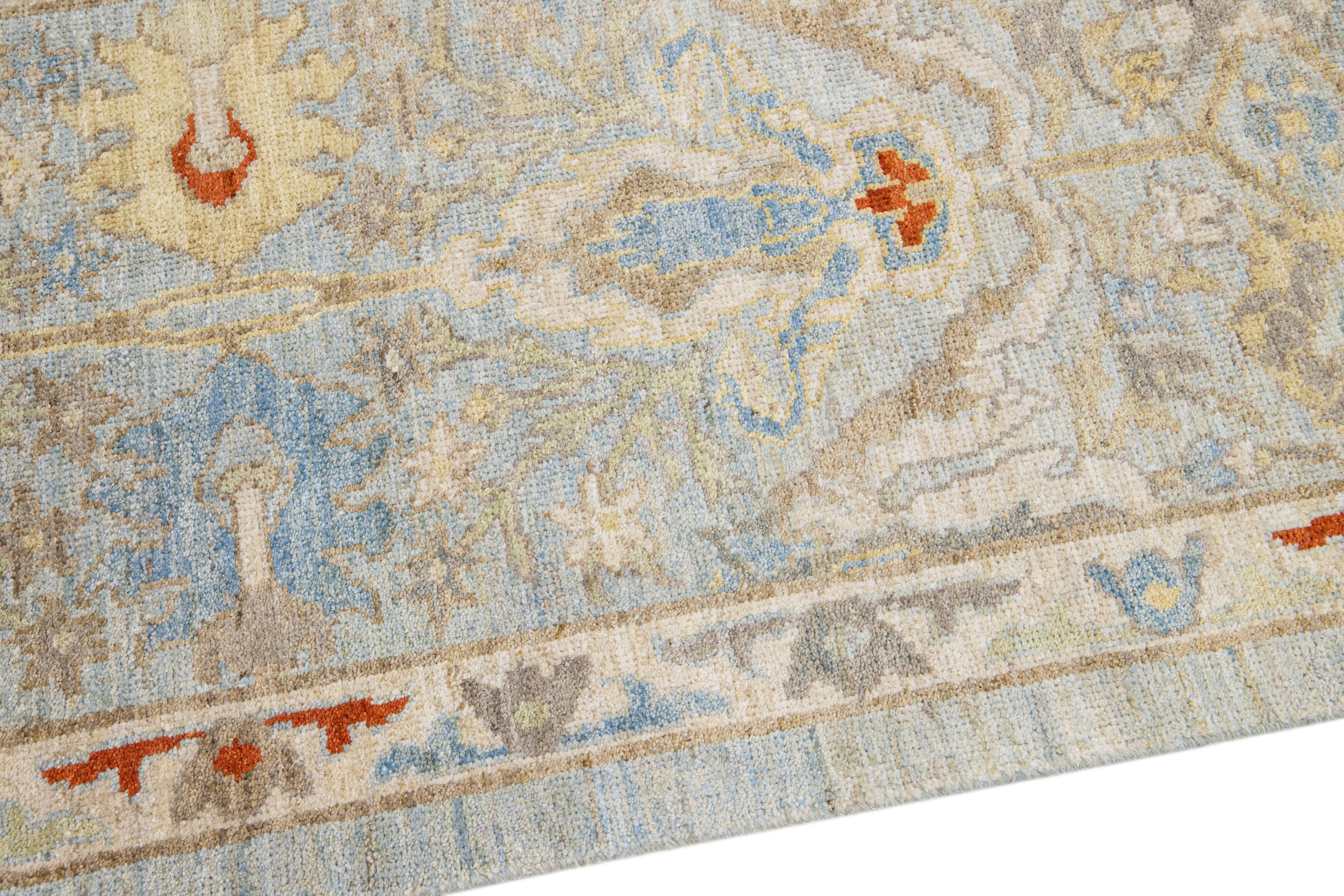 Modern Mahal Handmade Blue Wool Runner with Floral Motif In New Condition For Sale In Norwalk, CT