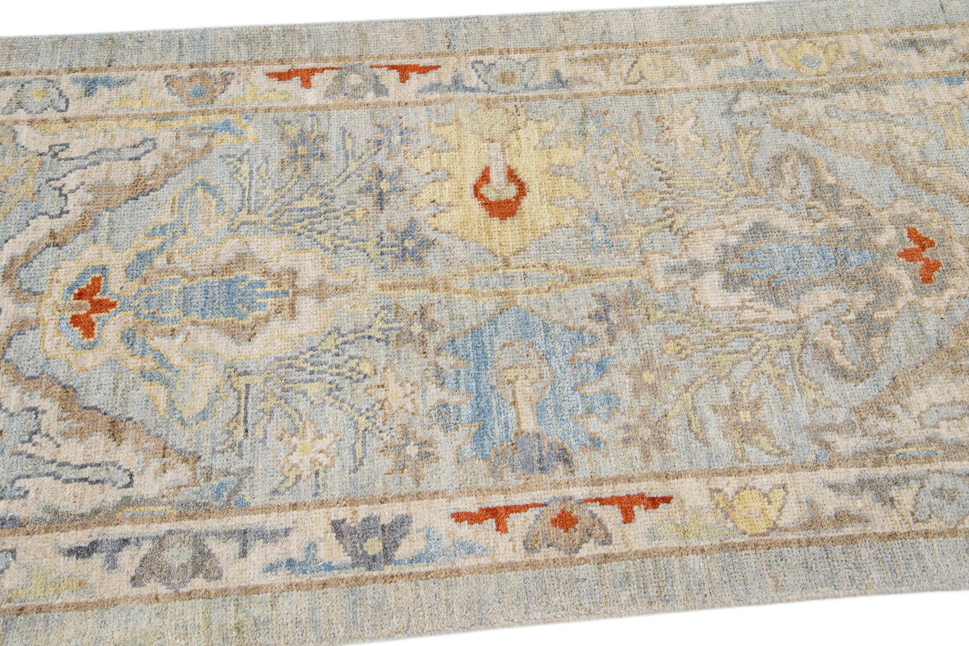 Contemporary Modern Mahal Handmade Blue Wool Runner with Floral Motif For Sale