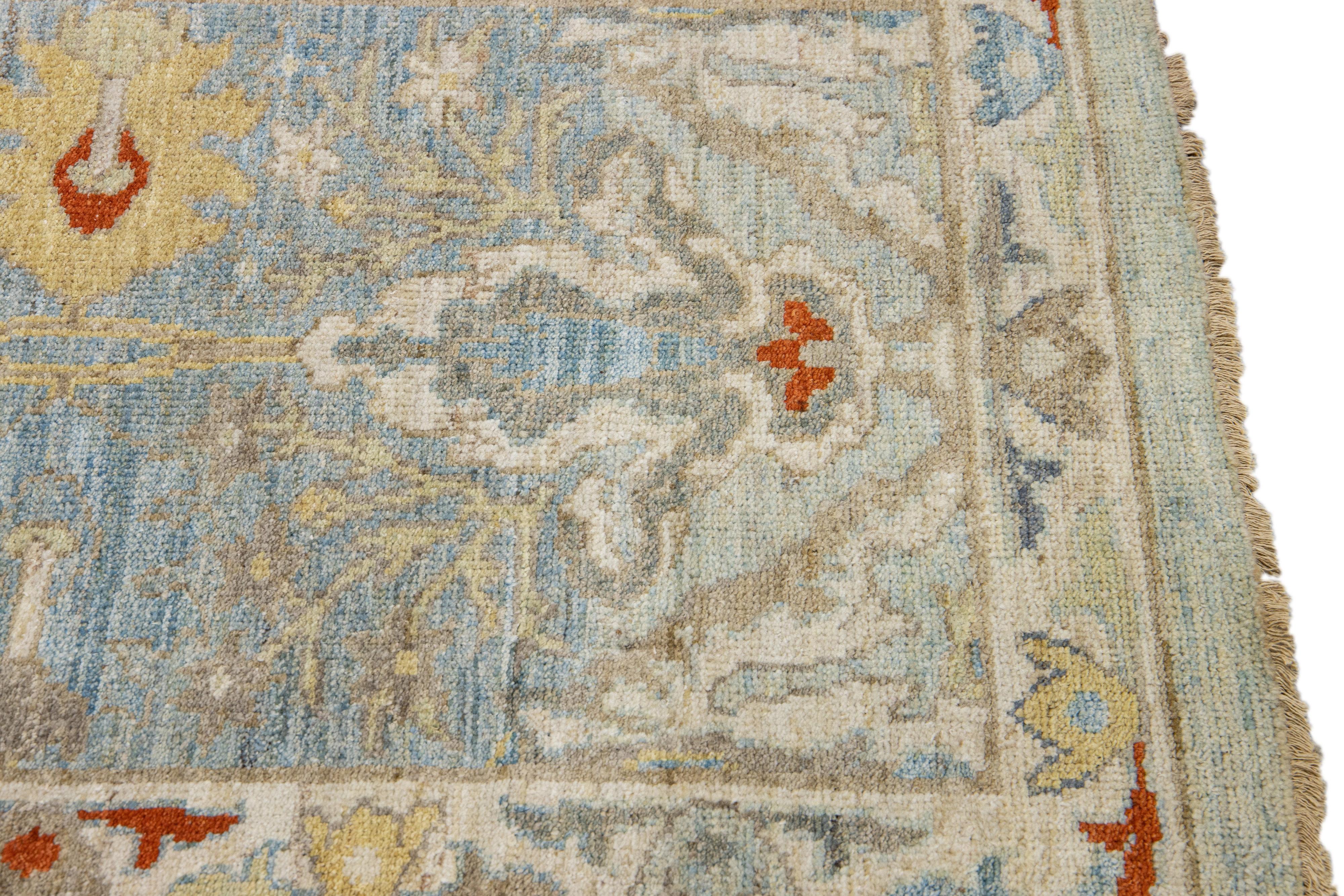Modern Mahal Handmade Blue Wool Runner with Floral Motif For Sale 1