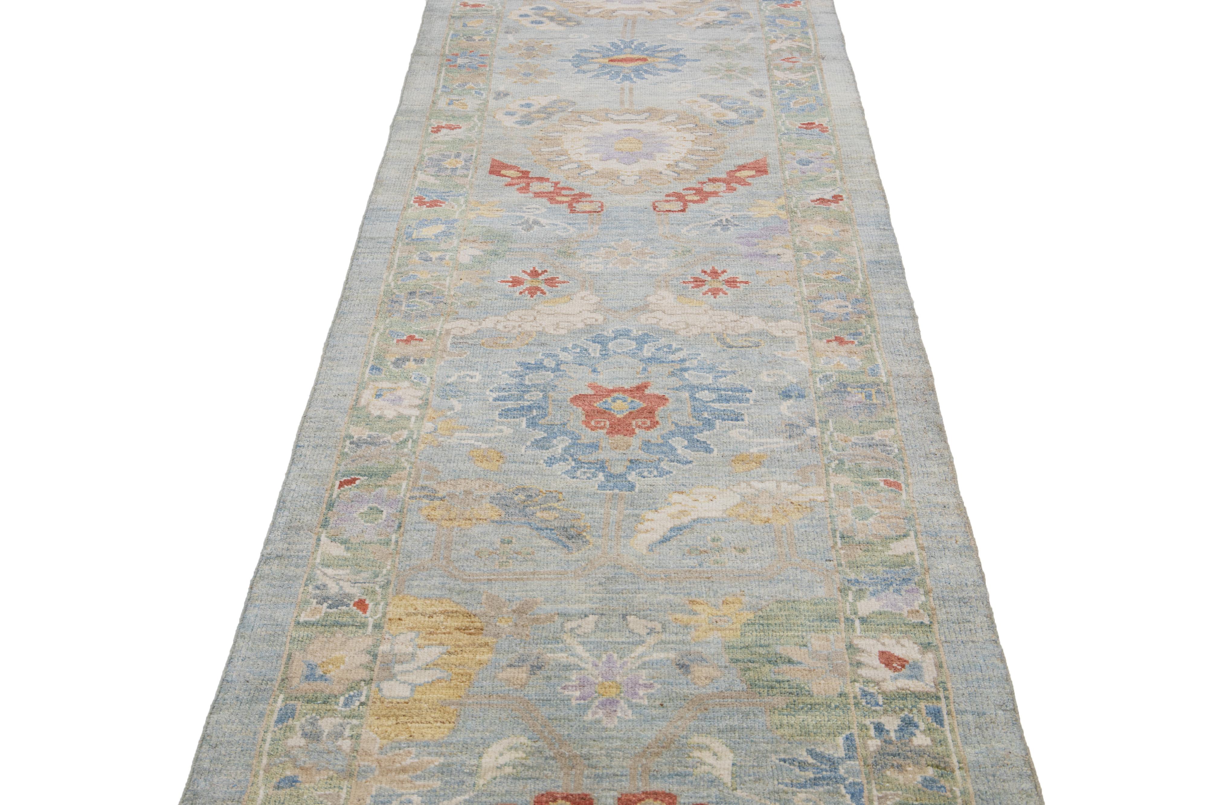 Islamic Modern Mahal Handmade Floral Blue And Green Wool Runner For Sale