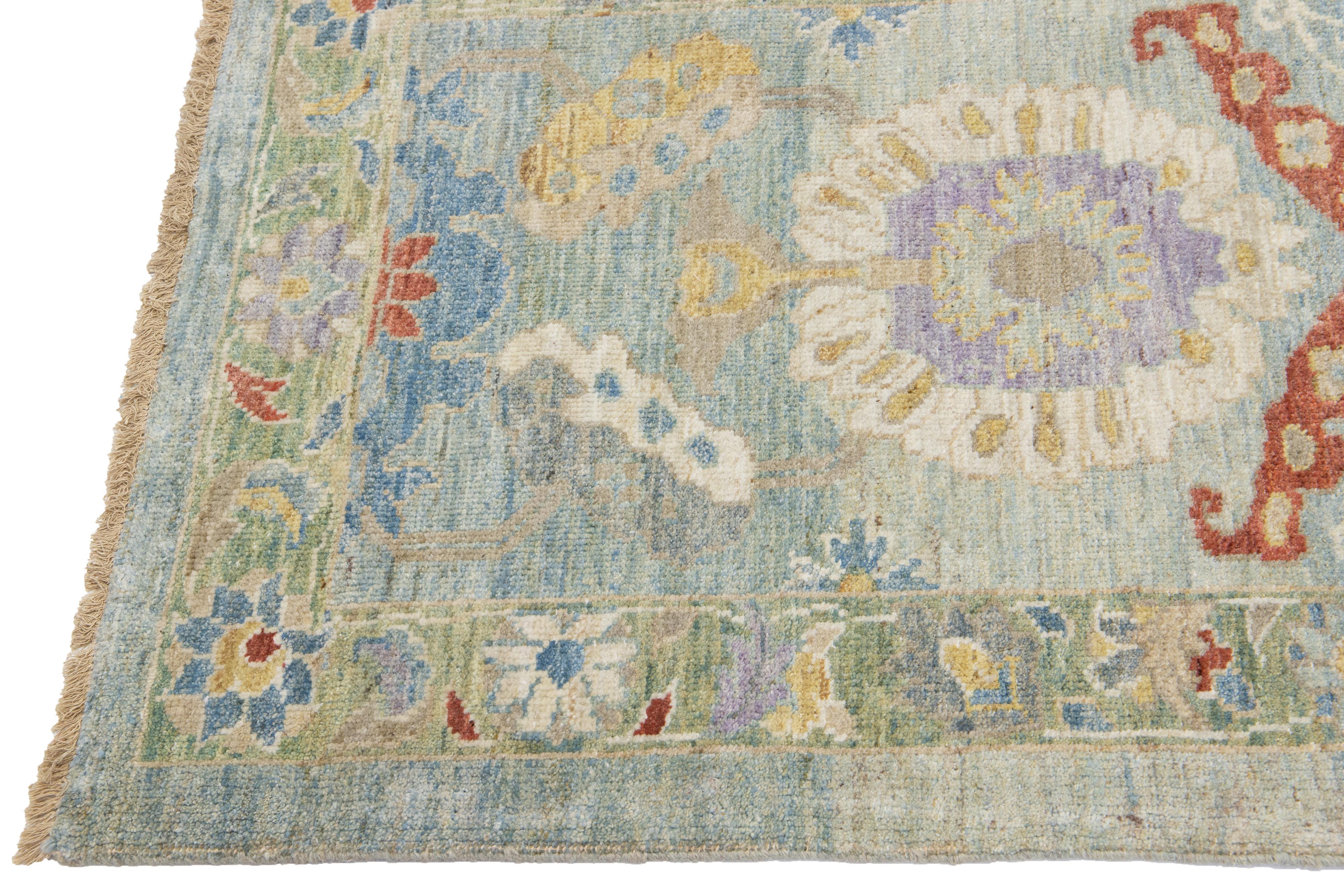 Persian Modern Mahal Handmade Floral Blue And Green Wool Runner For Sale