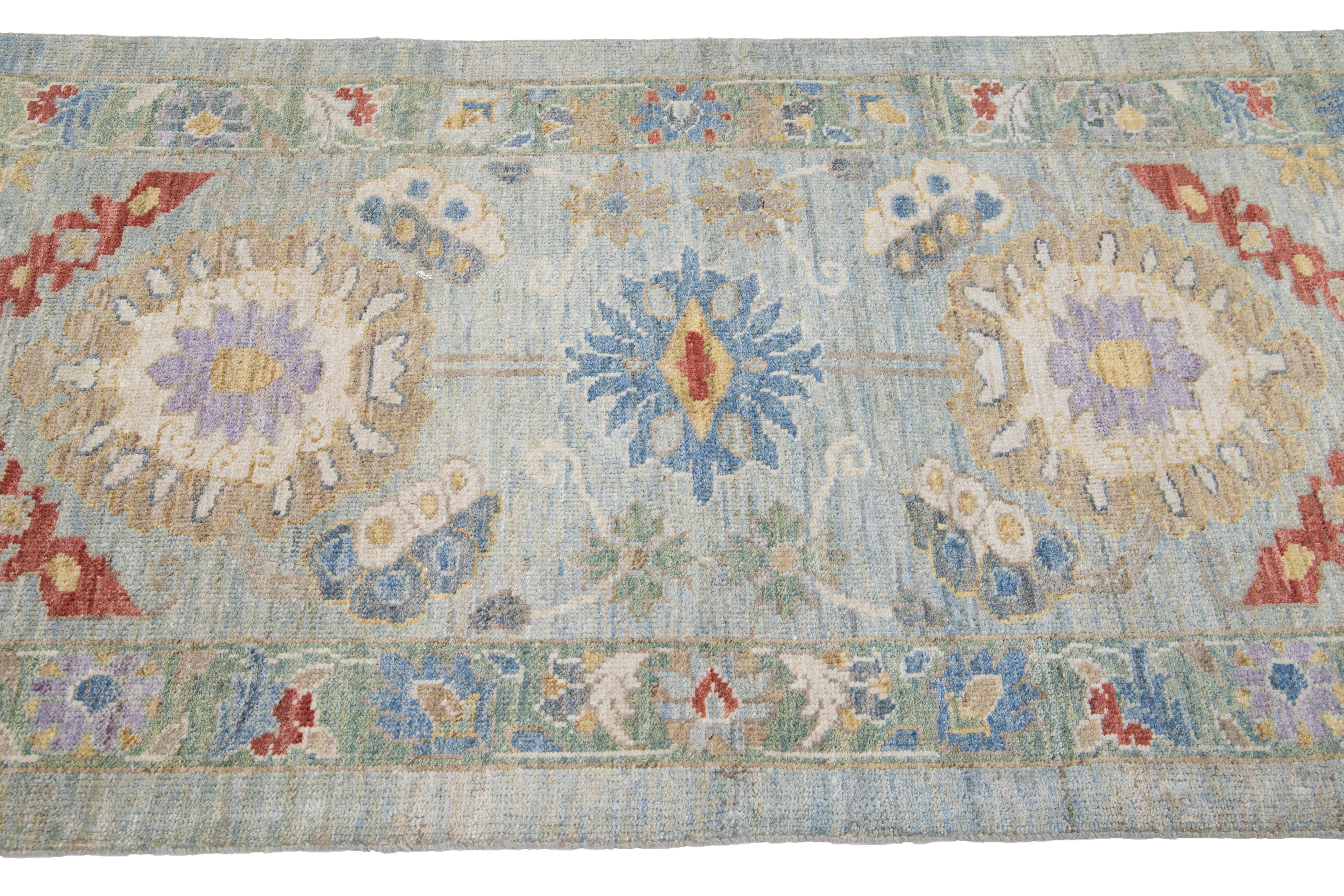 Hand-Knotted Modern Mahal Handmade Floral Blue And Green Wool Runner For Sale