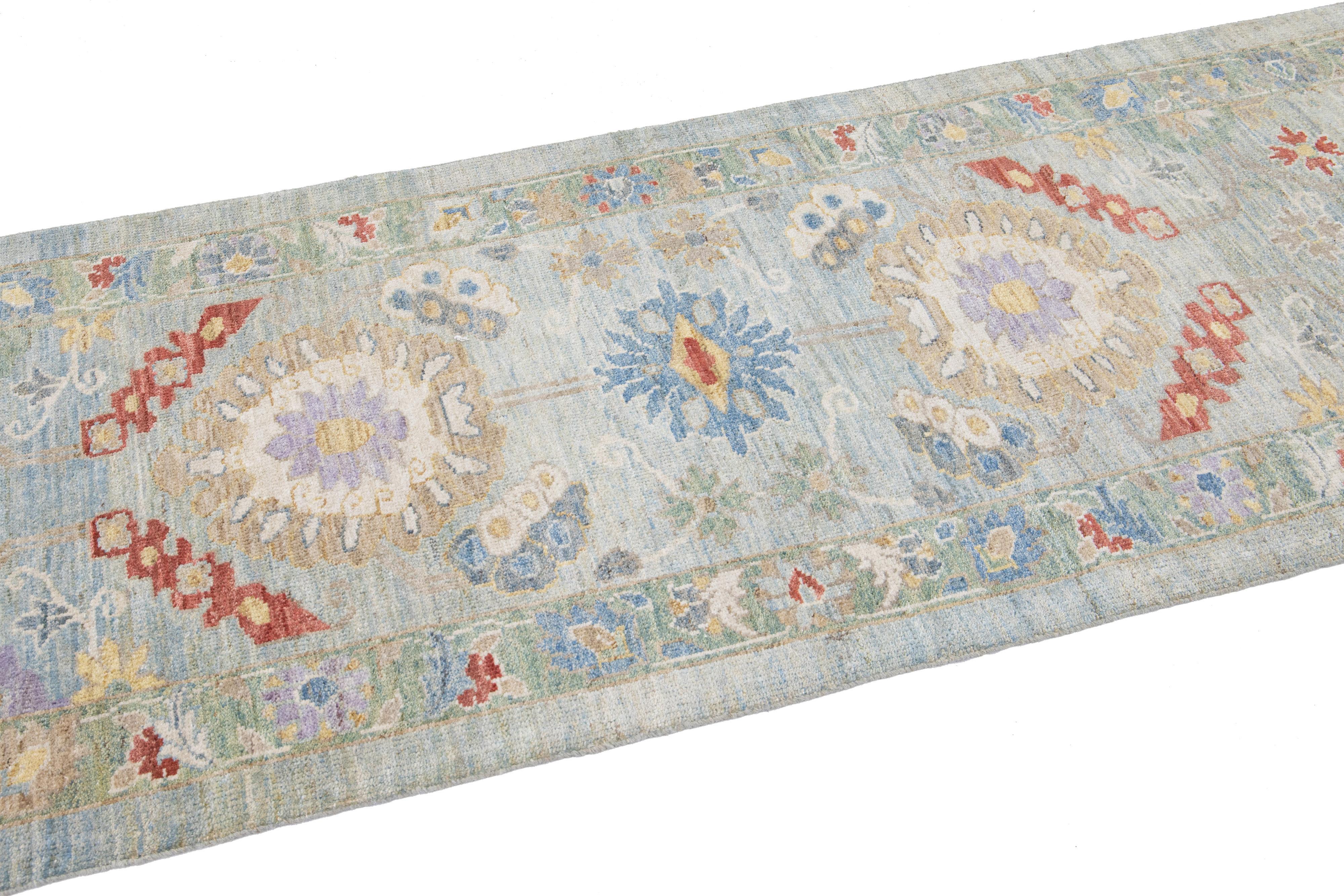 Contemporary Modern Mahal Handmade Floral Blue And Green Wool Runner For Sale