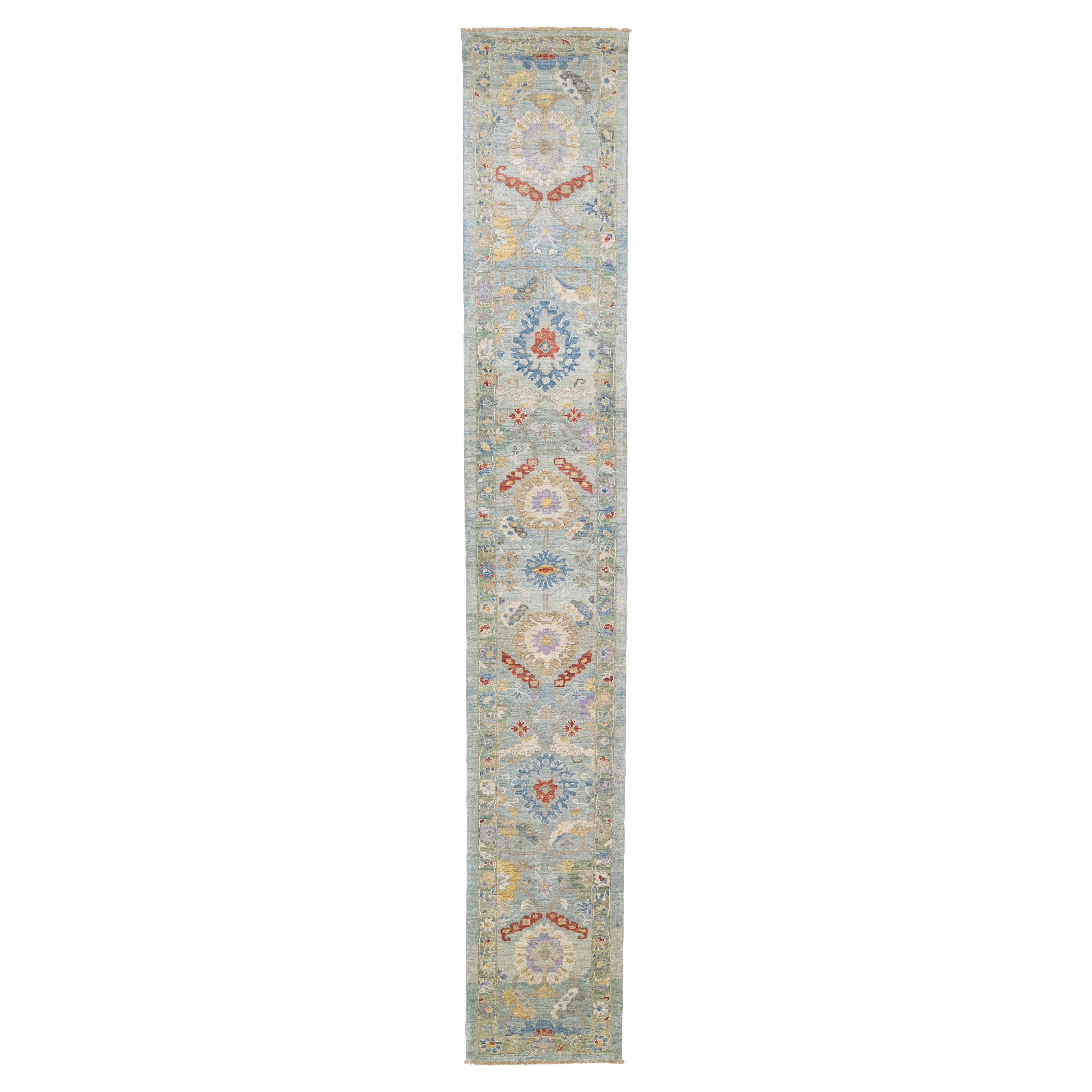 Runner moderno Mahal in lana blu e verde fatto a mano con motivi floreali