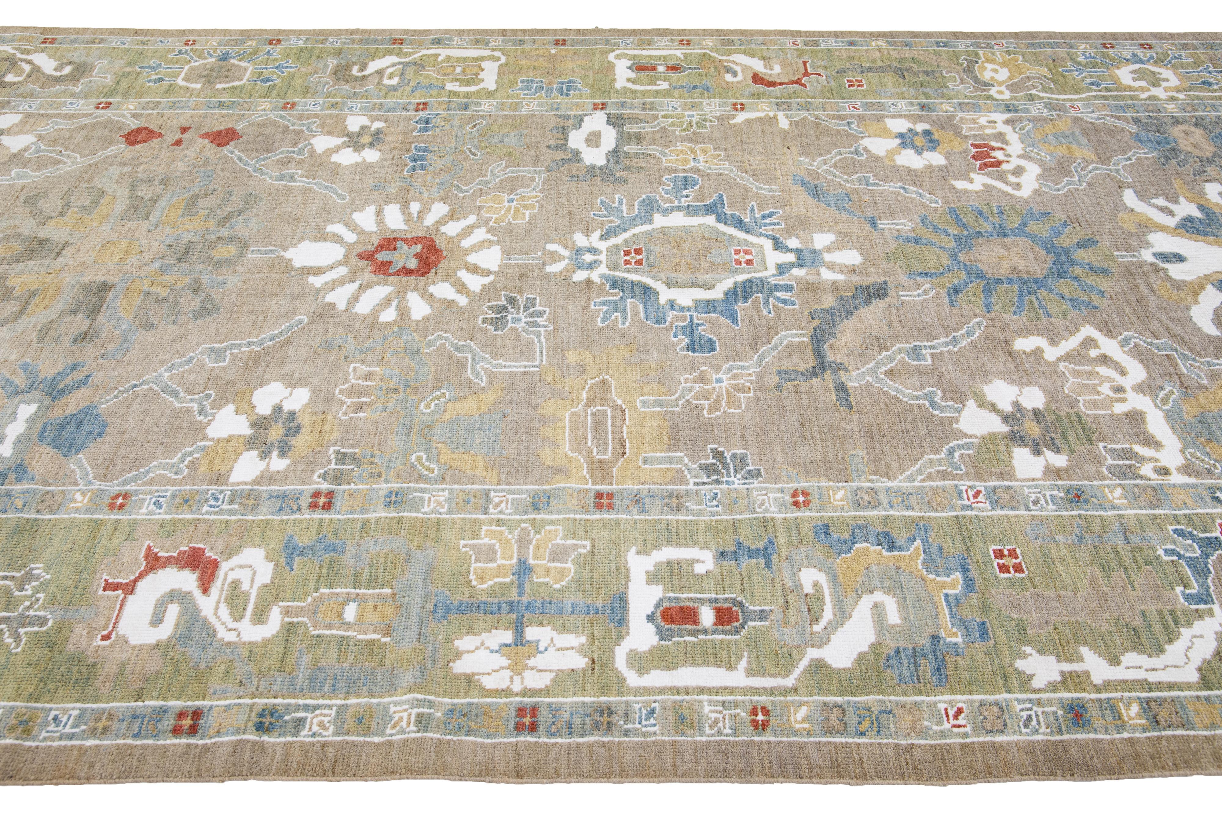 Hand-Knotted Modern Mahal Handmade Floral Brown and Green Wool Runner For Sale