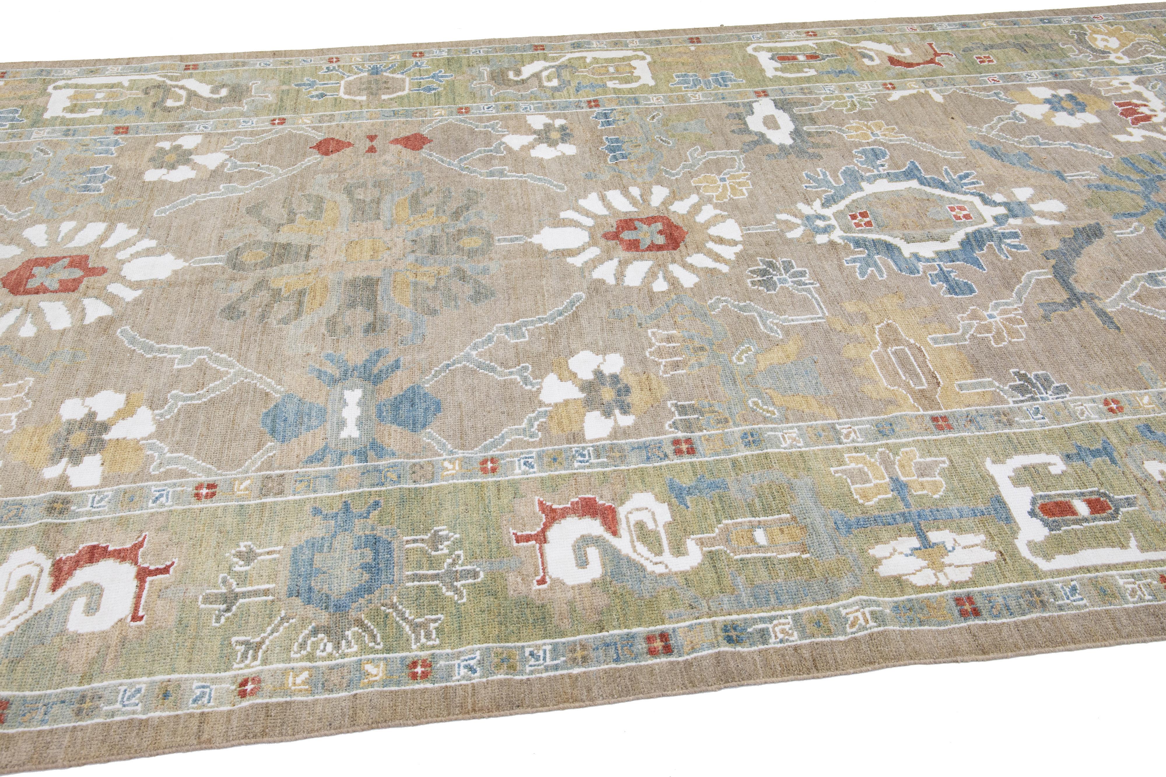 Contemporary Modern Mahal Handmade Floral Brown and Green Wool Runner For Sale