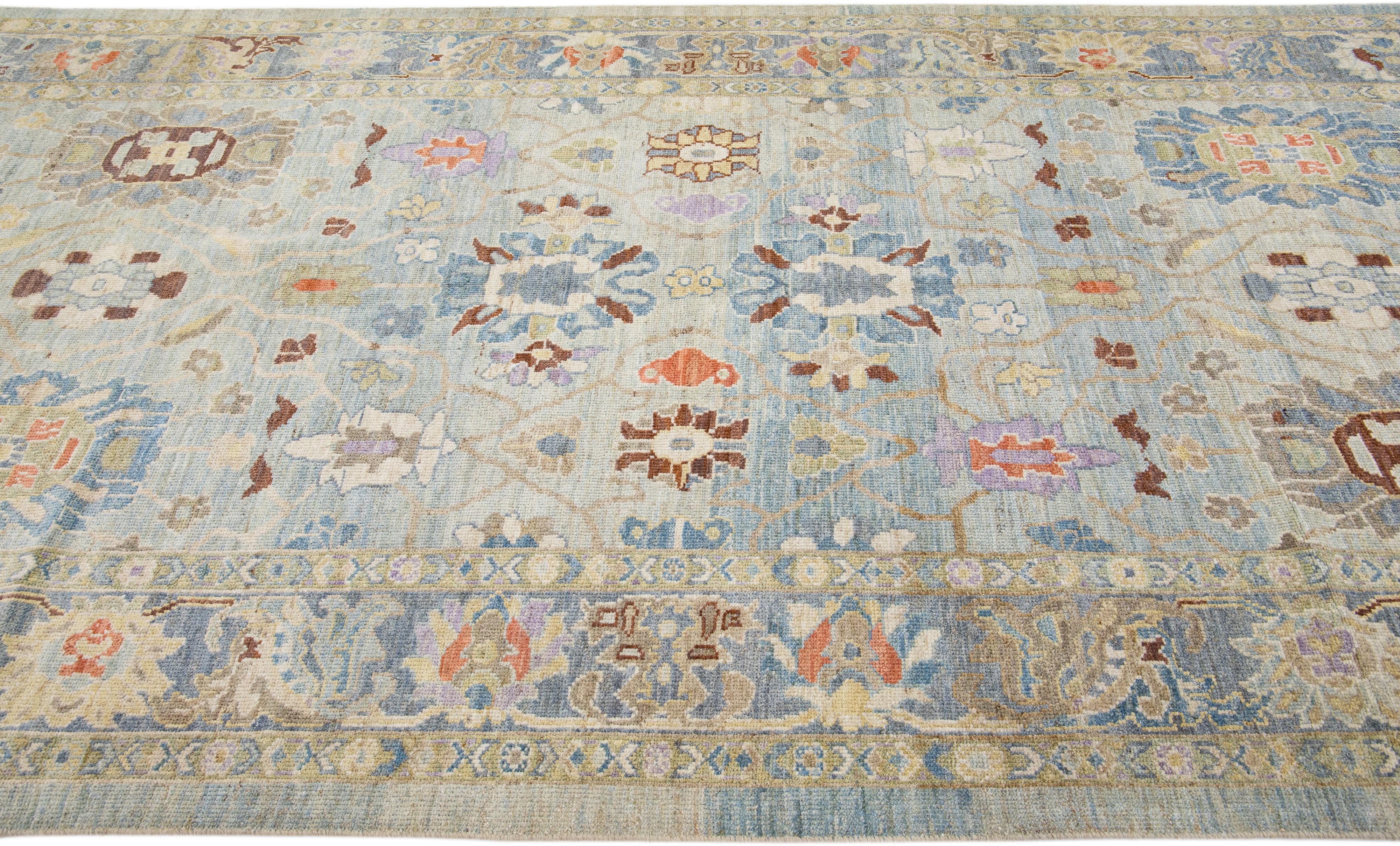 Hand-Knotted Modern Mahal Handmade Light Blue Wool Runner with Floral Motif For Sale