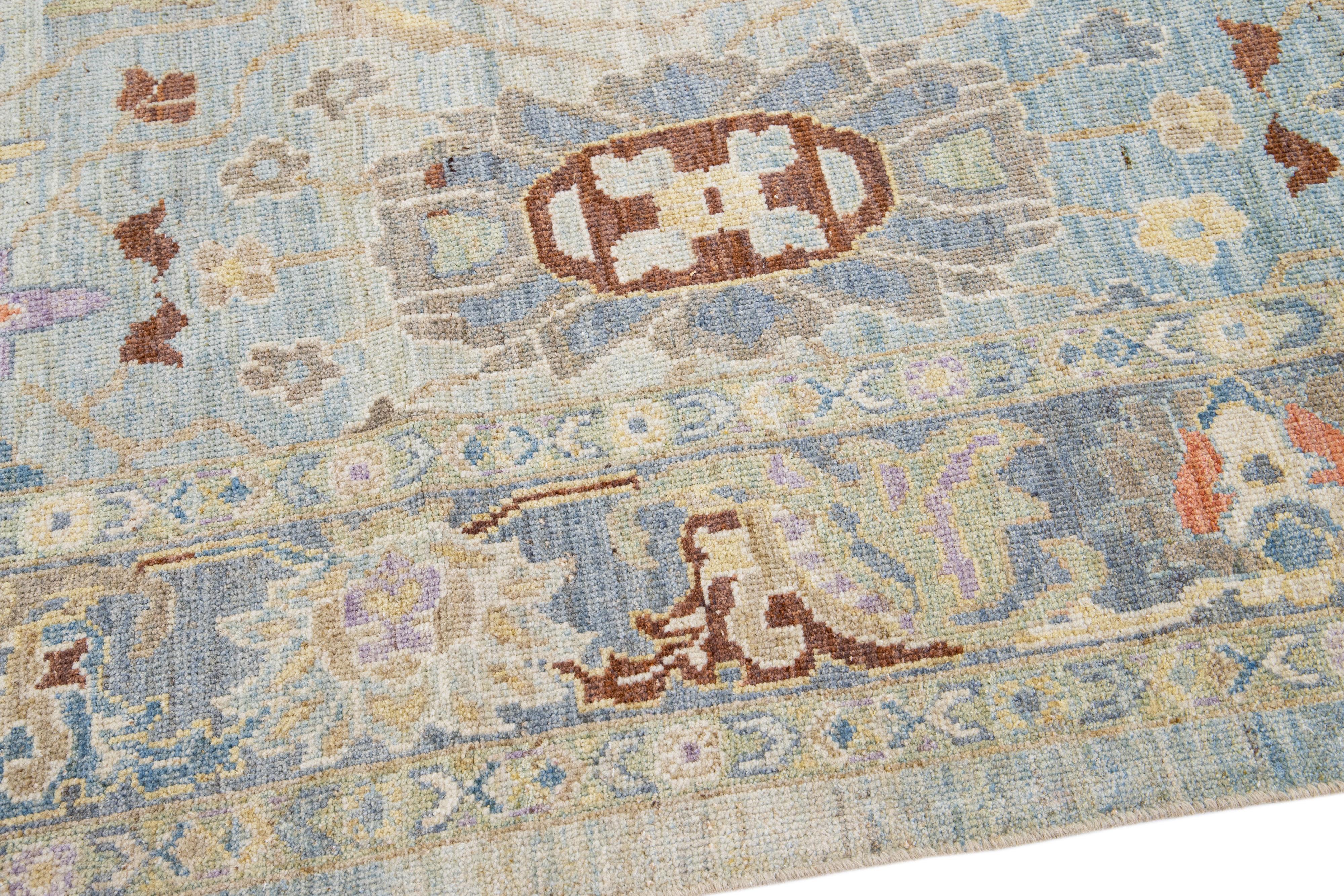 Modern Mahal Handmade Light Blue Wool Runner with Floral Motif In New Condition For Sale In Norwalk, CT