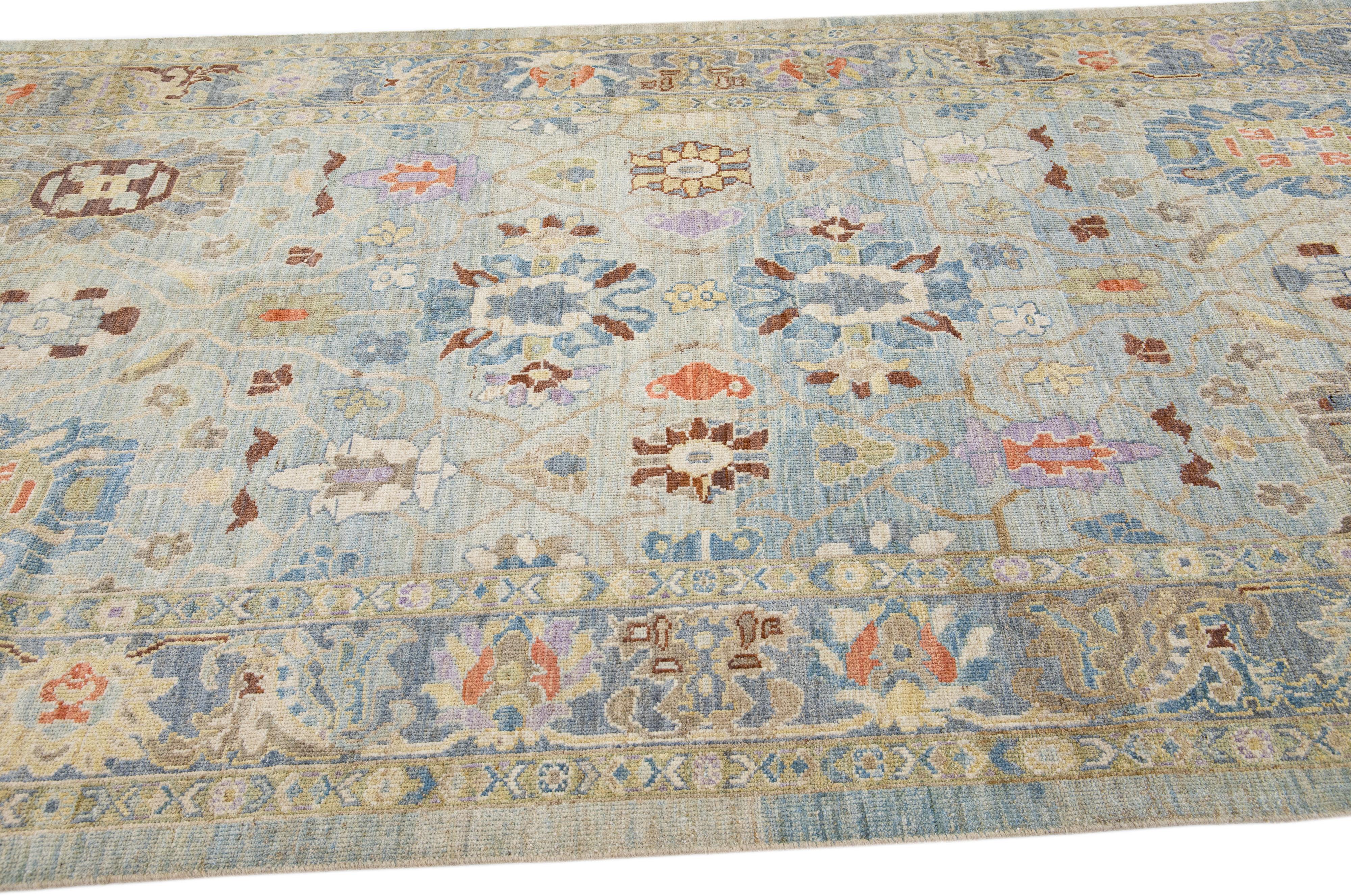 Contemporary Modern Mahal Handmade Light Blue Wool Runner with Floral Motif For Sale