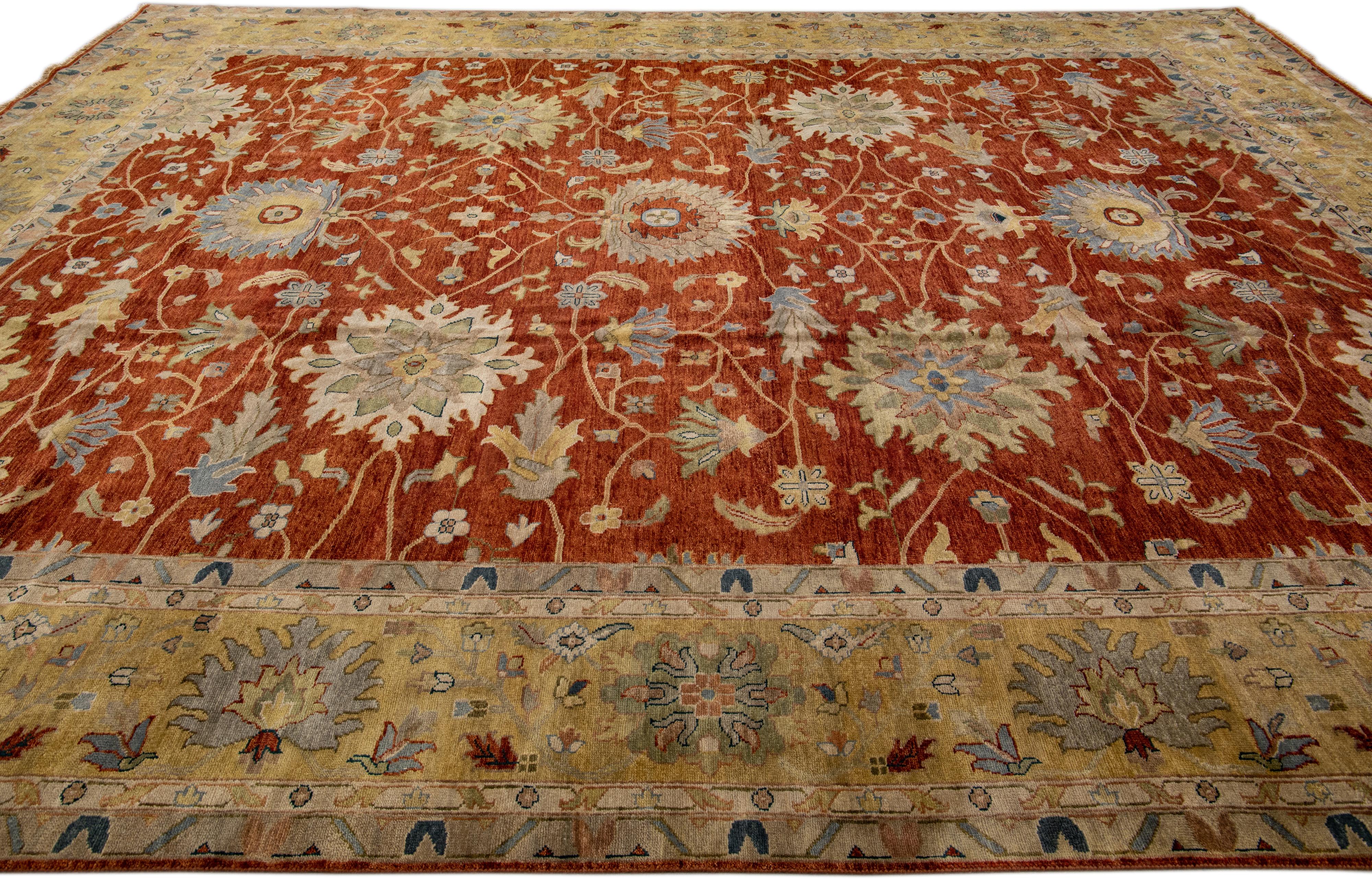 Hand-Knotted Modern Mahal Handmade Terracotta Oversize Wool Rug with Floral Motif For Sale