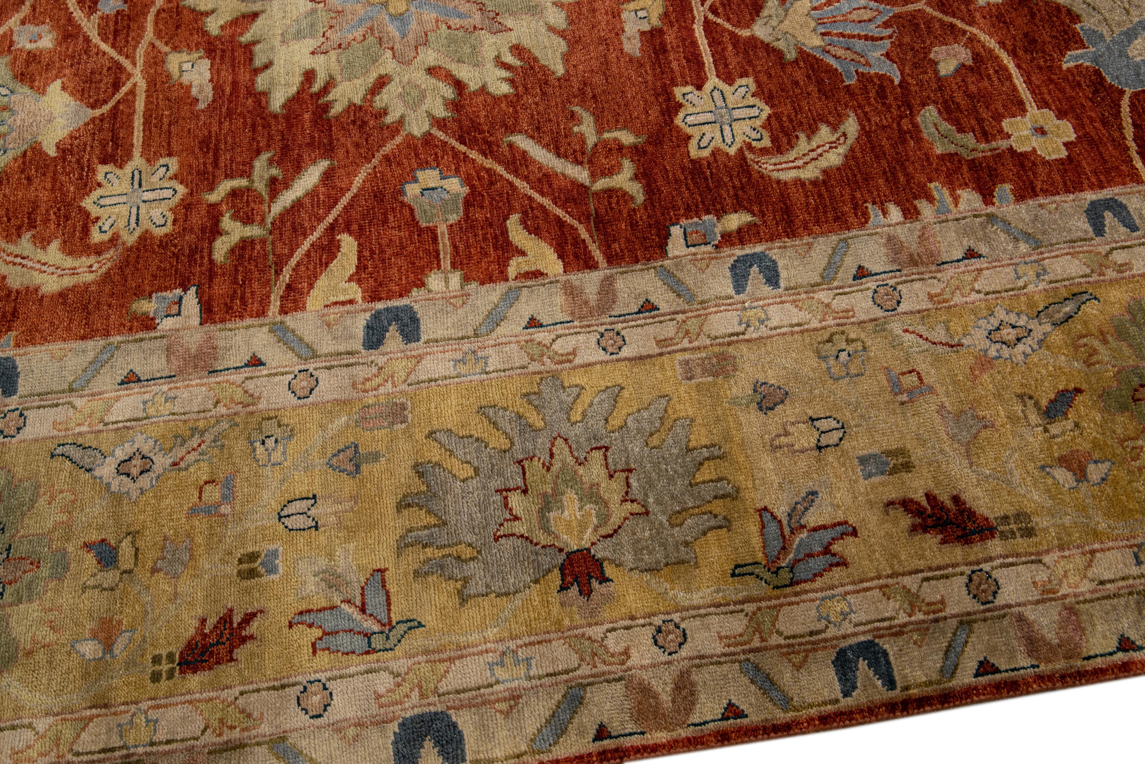 Modern Mahal Handmade Terracotta Oversize Wool Rug with Floral Motif In New Condition For Sale In Norwalk, CT