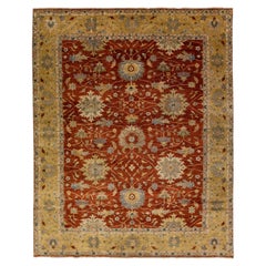 Modern Mahal Handmade Terracotta Oversize Wool Rug with Floral Motif