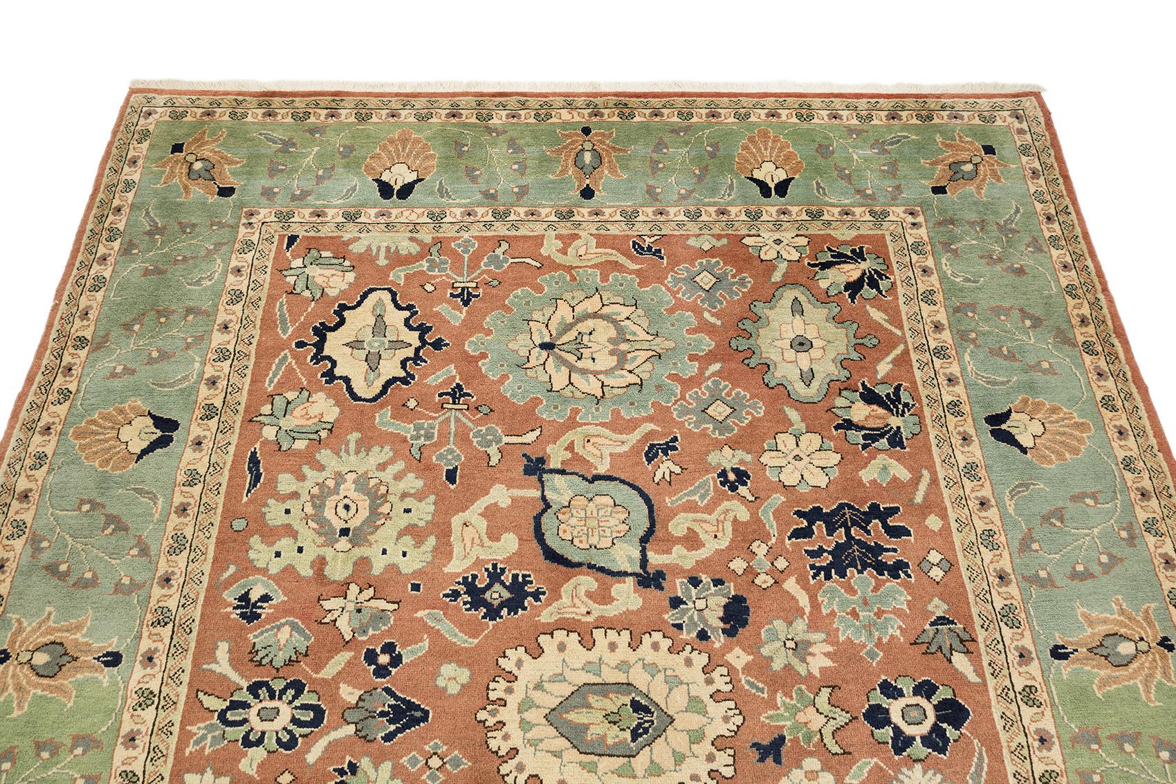 Annodato a mano Modern Mahal (terracotta, verde, blu navy e avorio, nuovo, 300 cm x 224 cm) in vendita