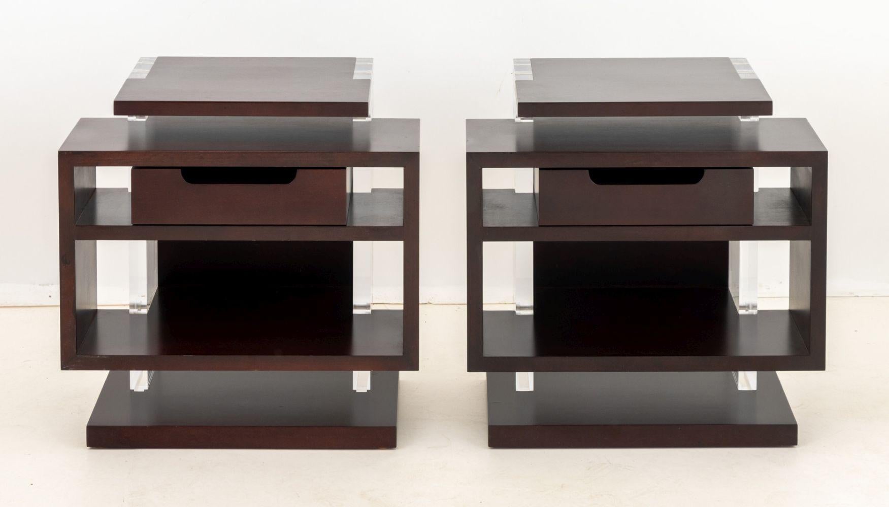 Pair of Modern Mahogany and Acrylic End Tables, with single drawer and open shelf. 24.25