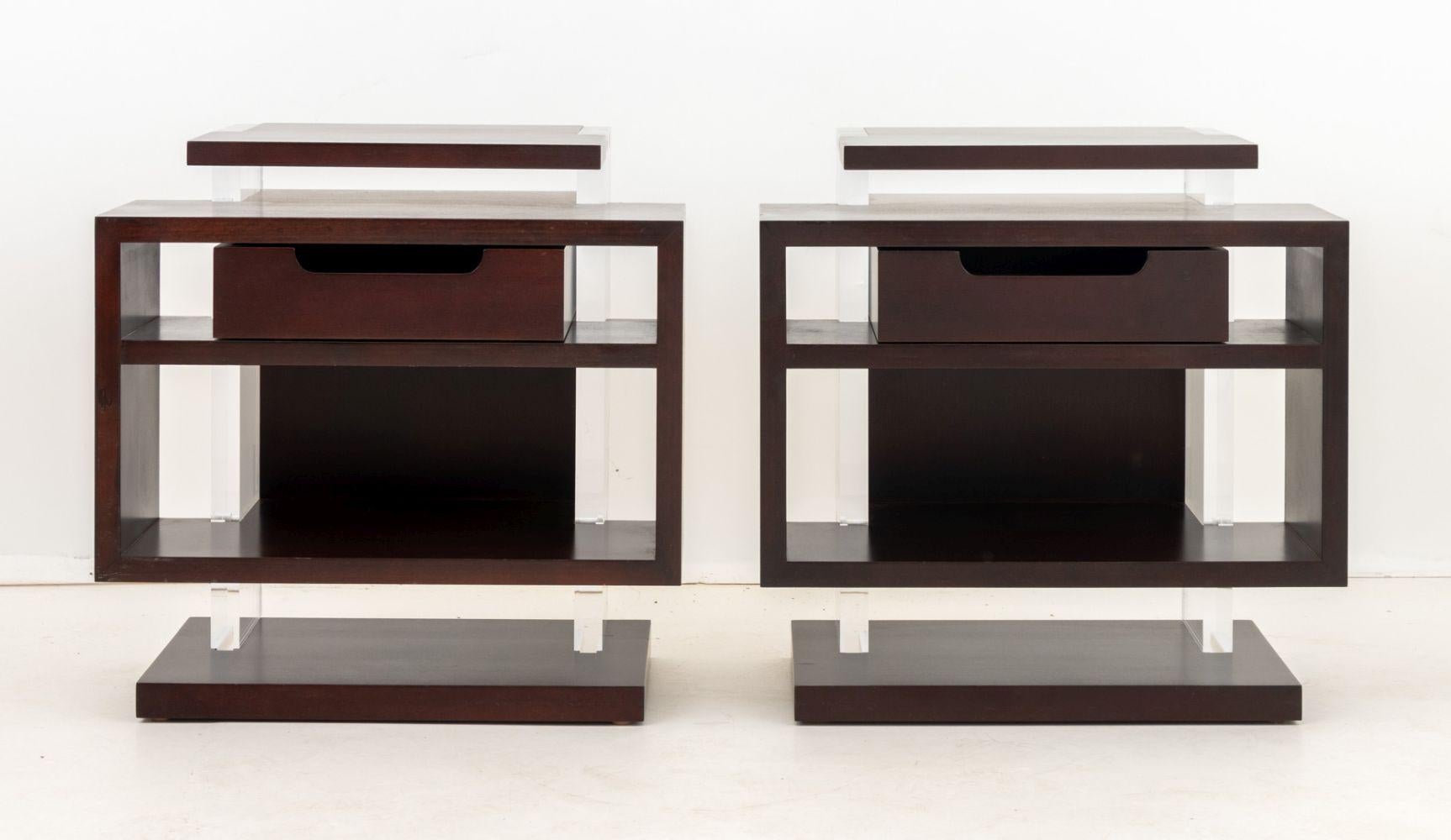 Modern Mahogany and Acrylic End Tables, Pair In Good Condition For Sale In Astoria, NY