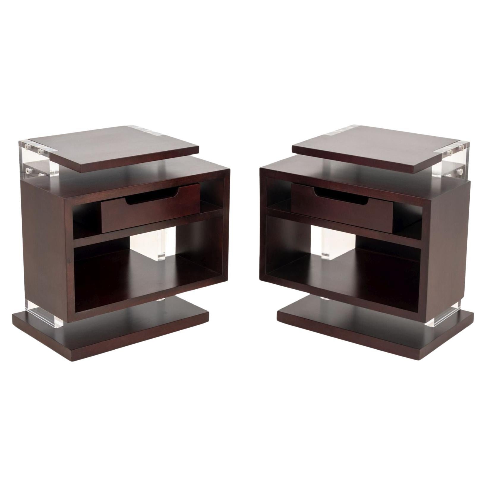 Modern Mahogany and Acrylic End Tables, Pair For Sale