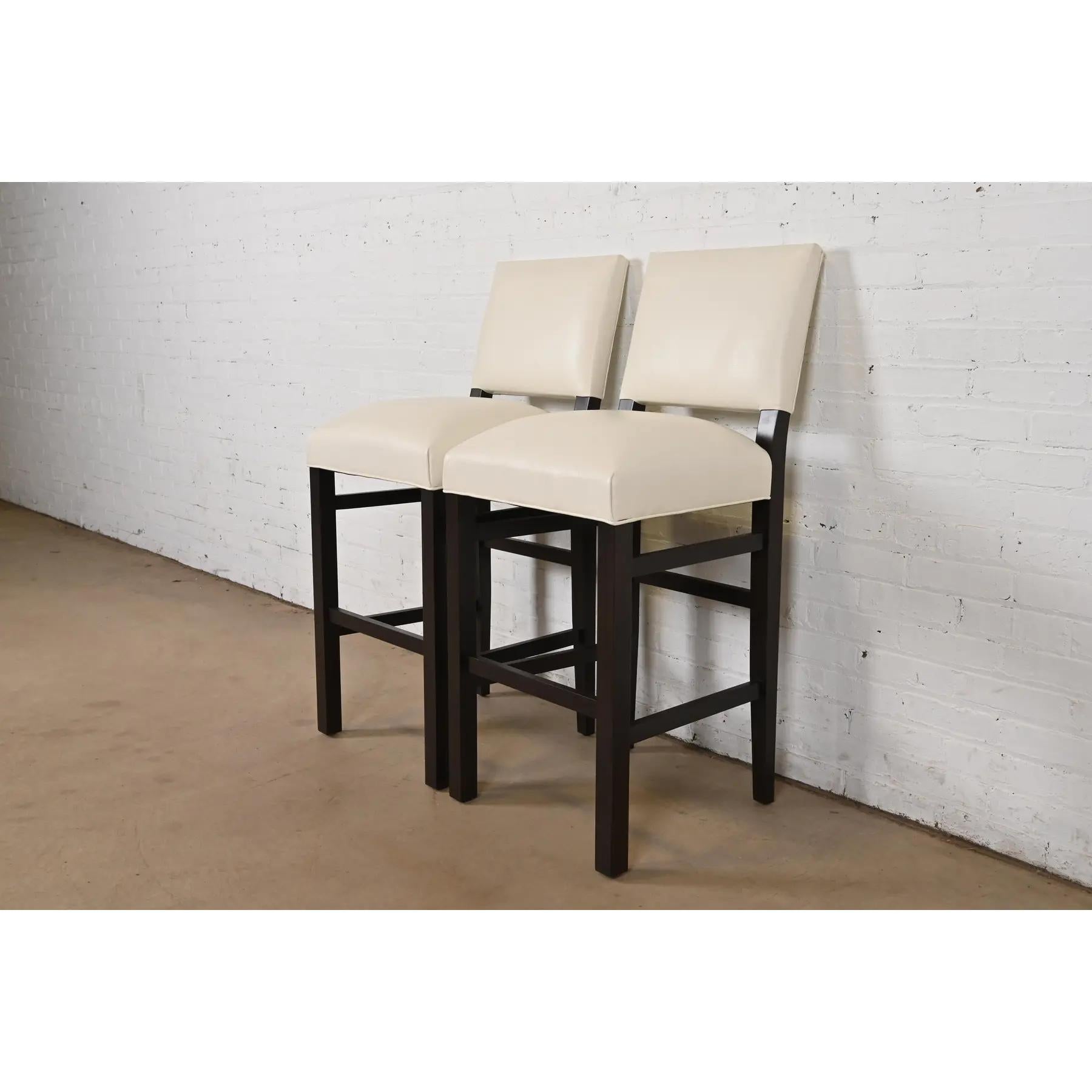 American Modern Mahogany and Leather Bar Stools, Pair For Sale