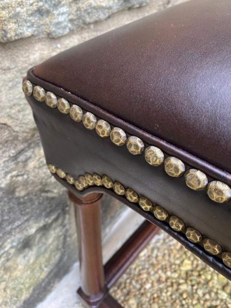 Modern Mahogany Stool with Brown Leather Top & Brass Nailheads by Hickory Chair In Good Condition In Middleburg, VA