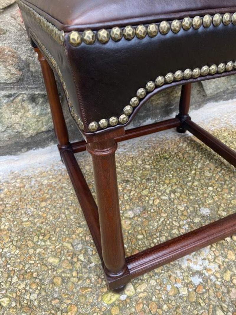 Contemporary Modern Mahogany Stool with Brown Leather Top & Brass Nailheads by Hickory Chair