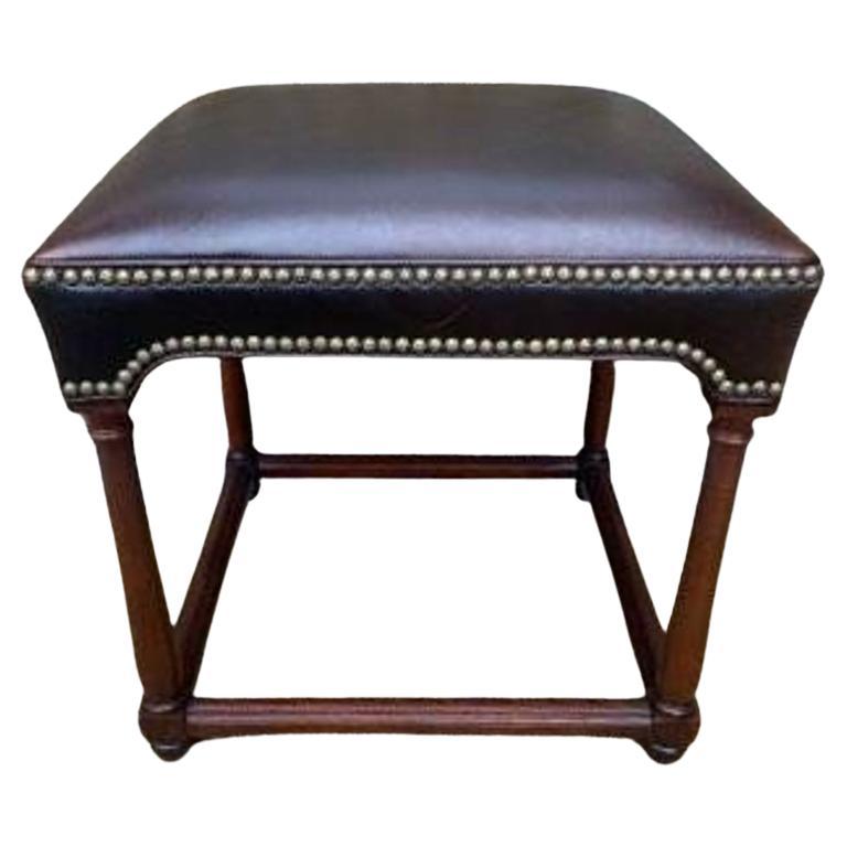 Modern Mahogany Stool with Brown Leather Top & Brass Nailheads by Hickory Chair