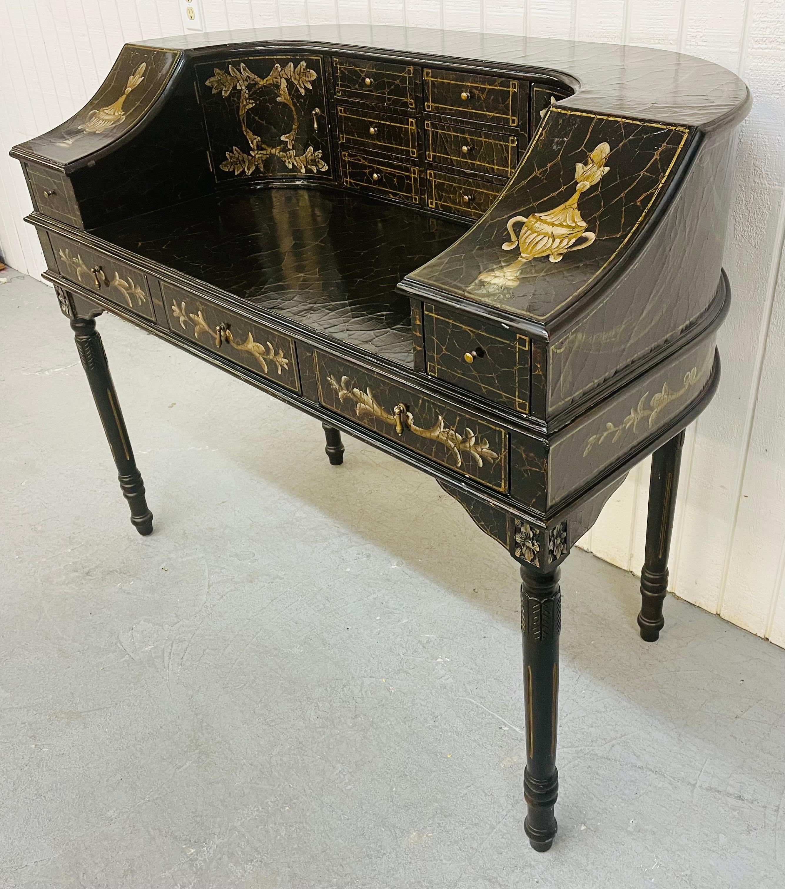 This listing is for a Modern Maitland Smith Style Carlton Desk. Featuring eleven drawers for storage, two doors that open up for more storage, original hardware, faux paint decorated design, a French style leg, and a black rustic finish.