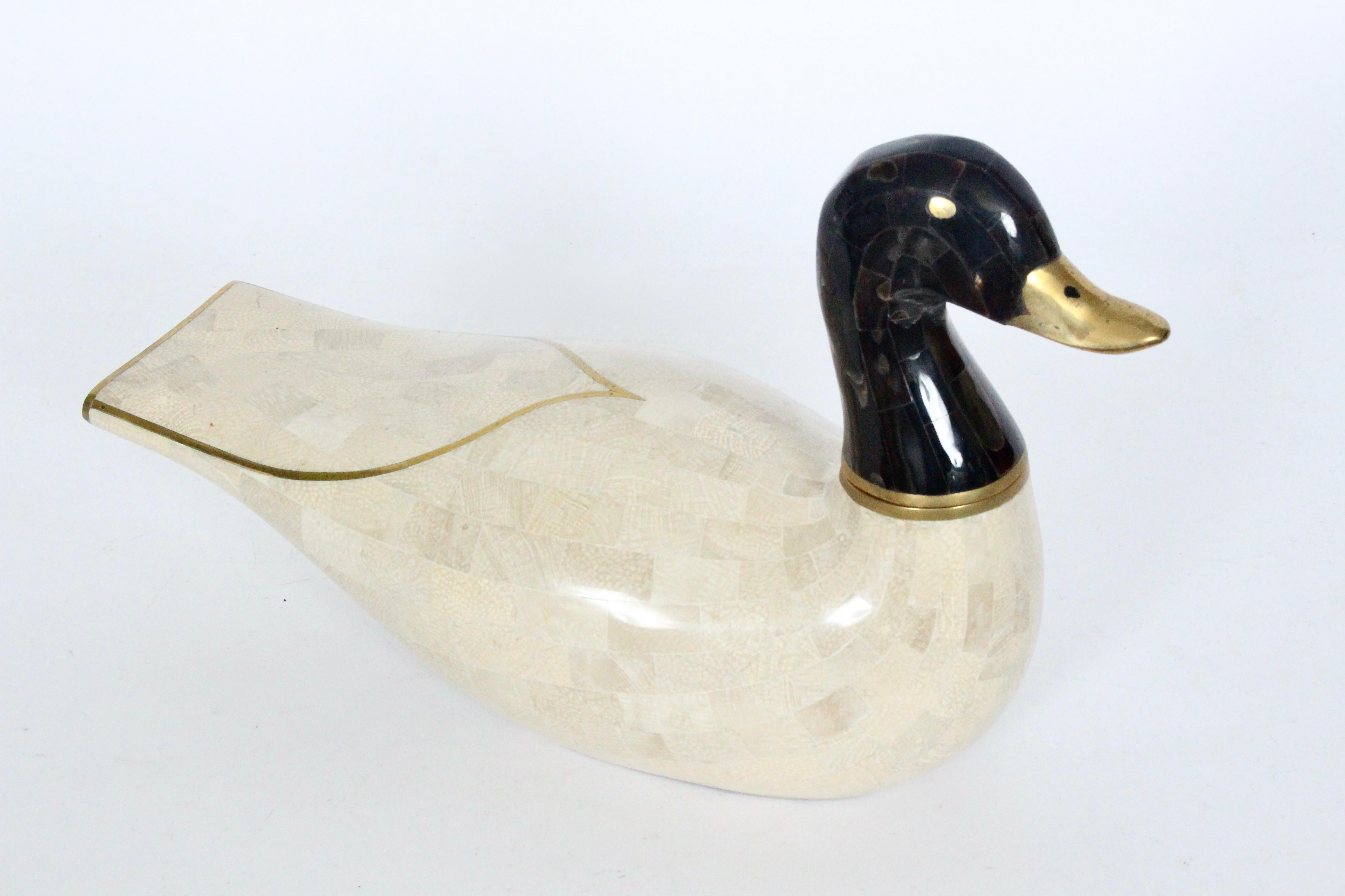 Moderne Maitland-Smith Mosaik-Marmor-Wasservogel-Tisch-Skulptur (Messing) im Angebot