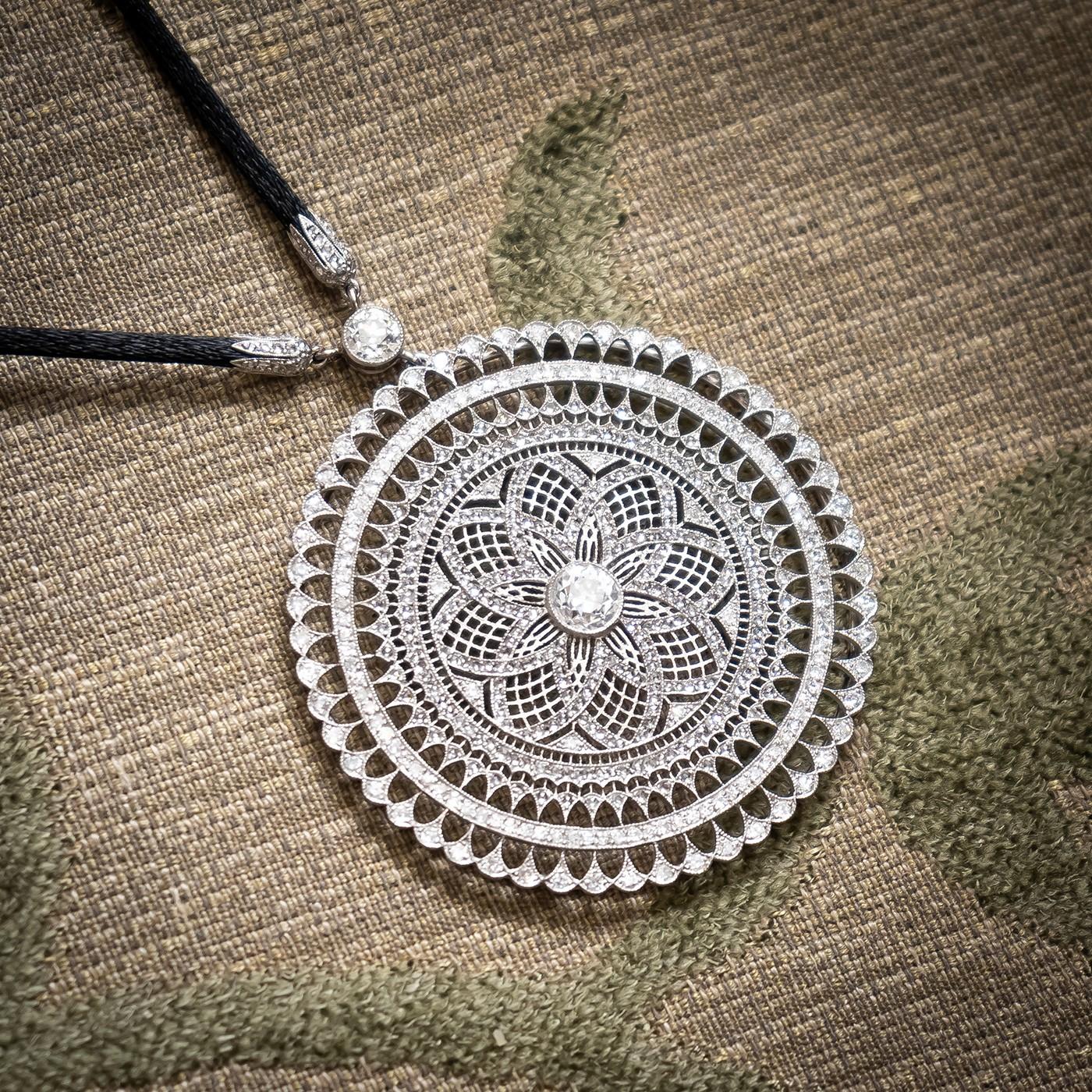 Women's Modern Mandala Diamond and Platinum Pendant on Black Cord For Sale
