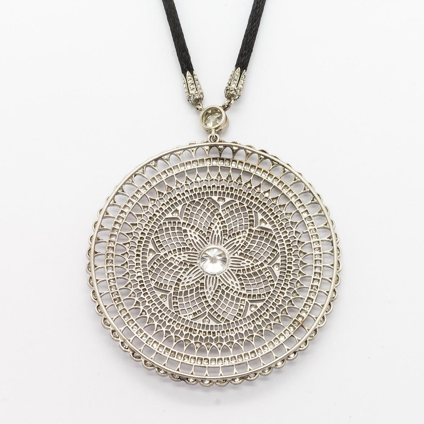Modern Mandala Diamond and Platinum Pendant on Black Cord For Sale 2