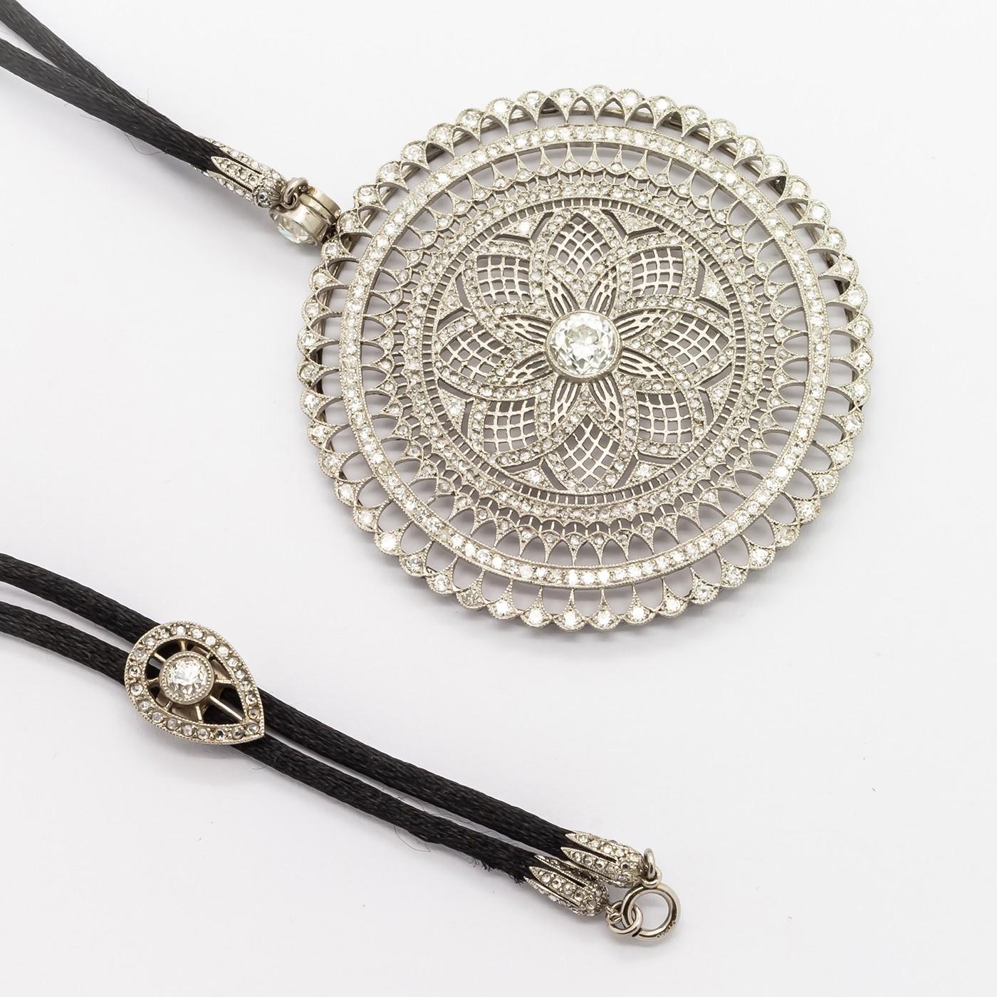Modern Mandala Diamond and Platinum Pendant on Black Cord For Sale 3