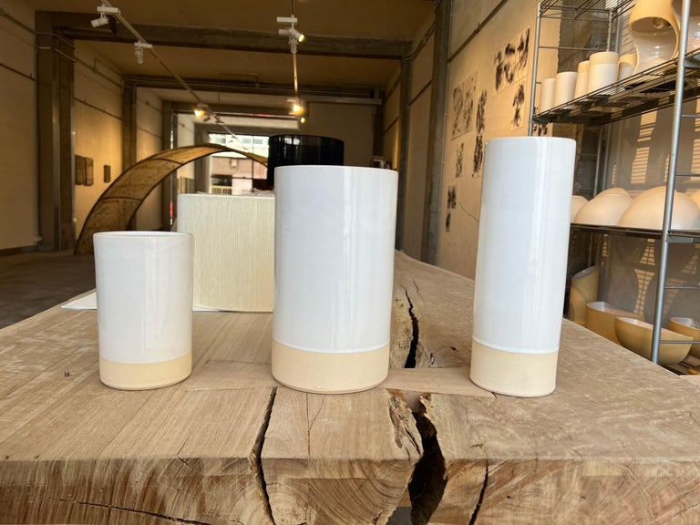 Spanish Modern Manolo Eirin Set of 3 Ceramic Vases Handmade in Spain, White / Natural For Sale