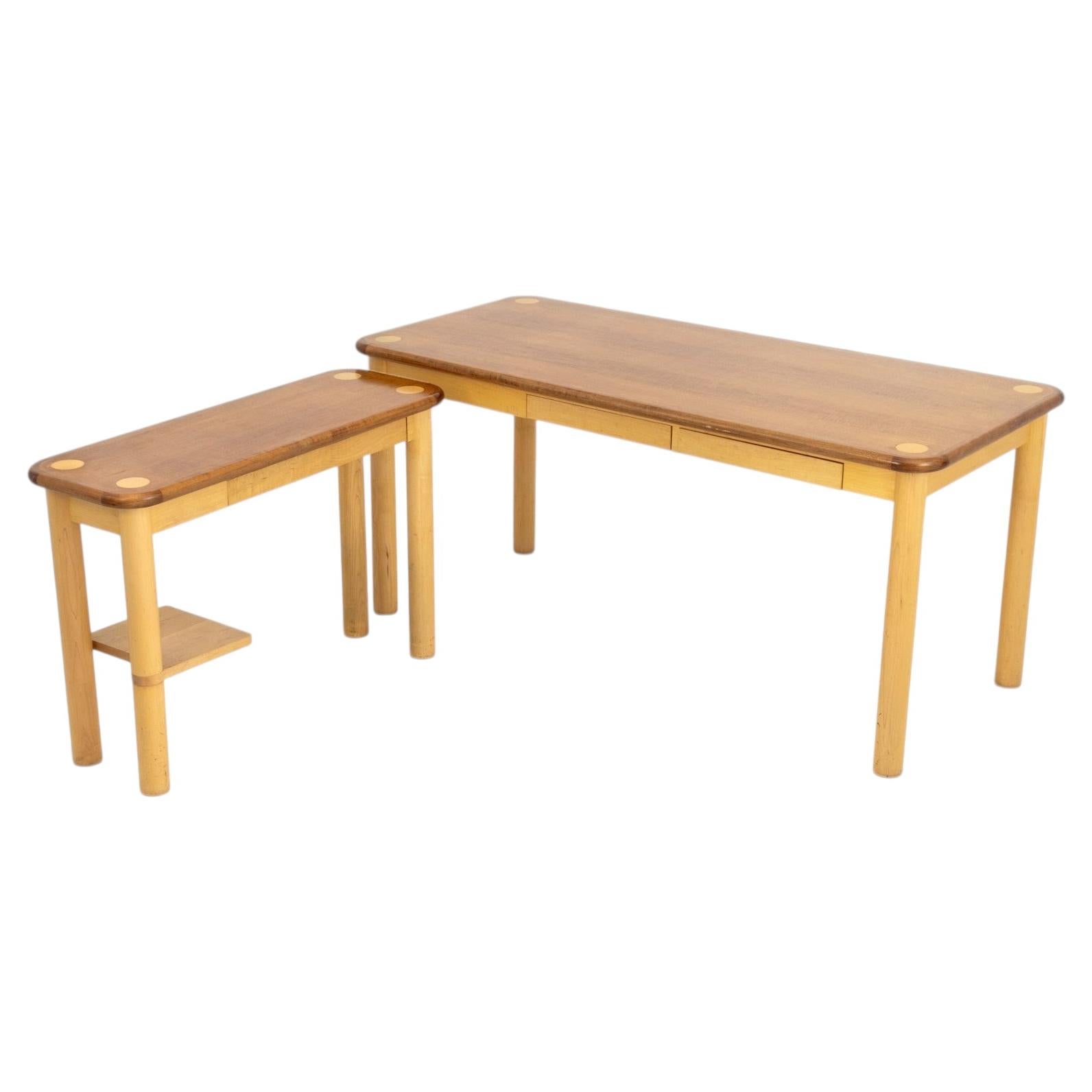 Modern Maple L-Shaped Desk with Drawers and Corner Shelf For Sale