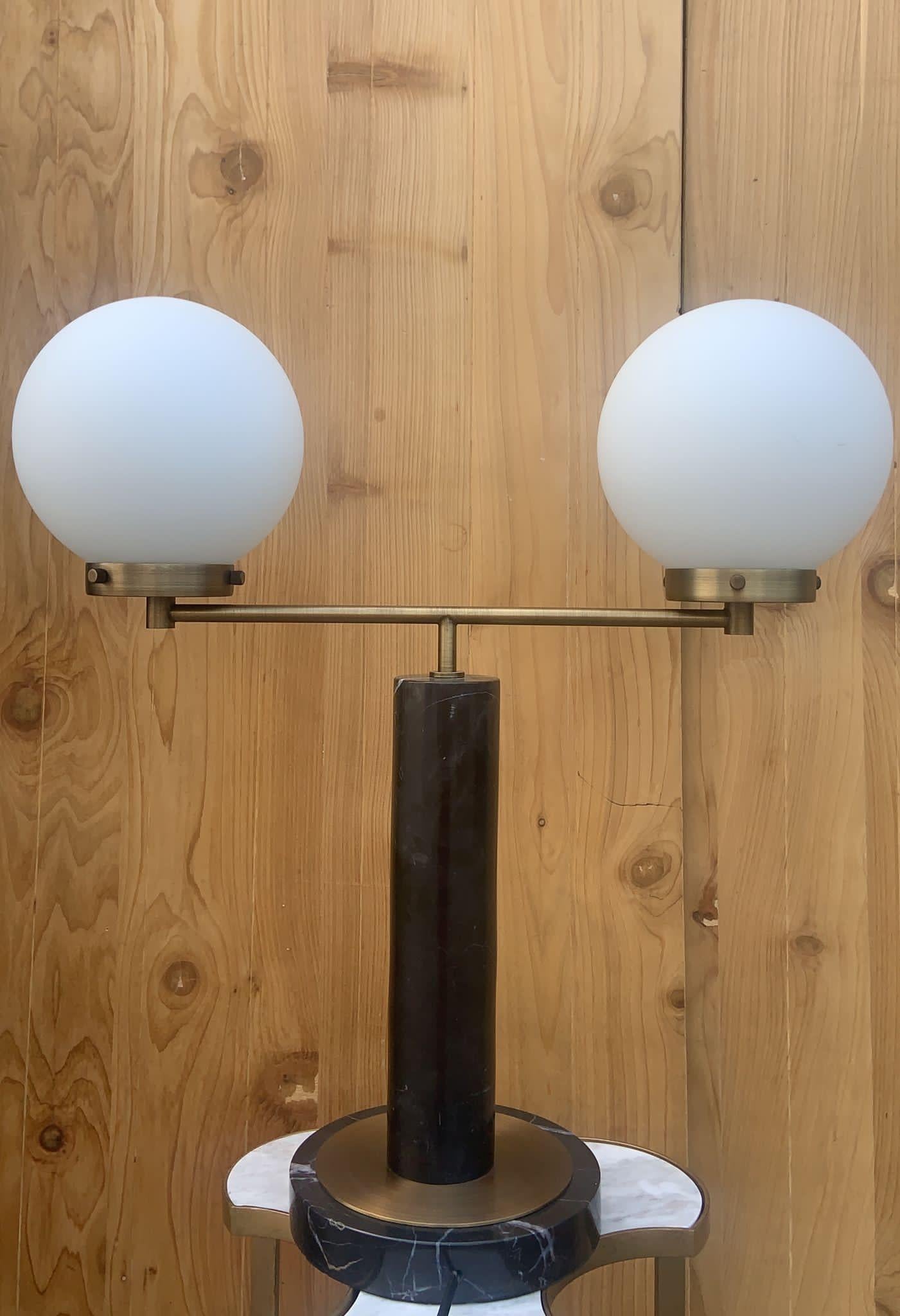 American Modern Marble and Brass Table Lamps with 2 White Ball Shades For Sale