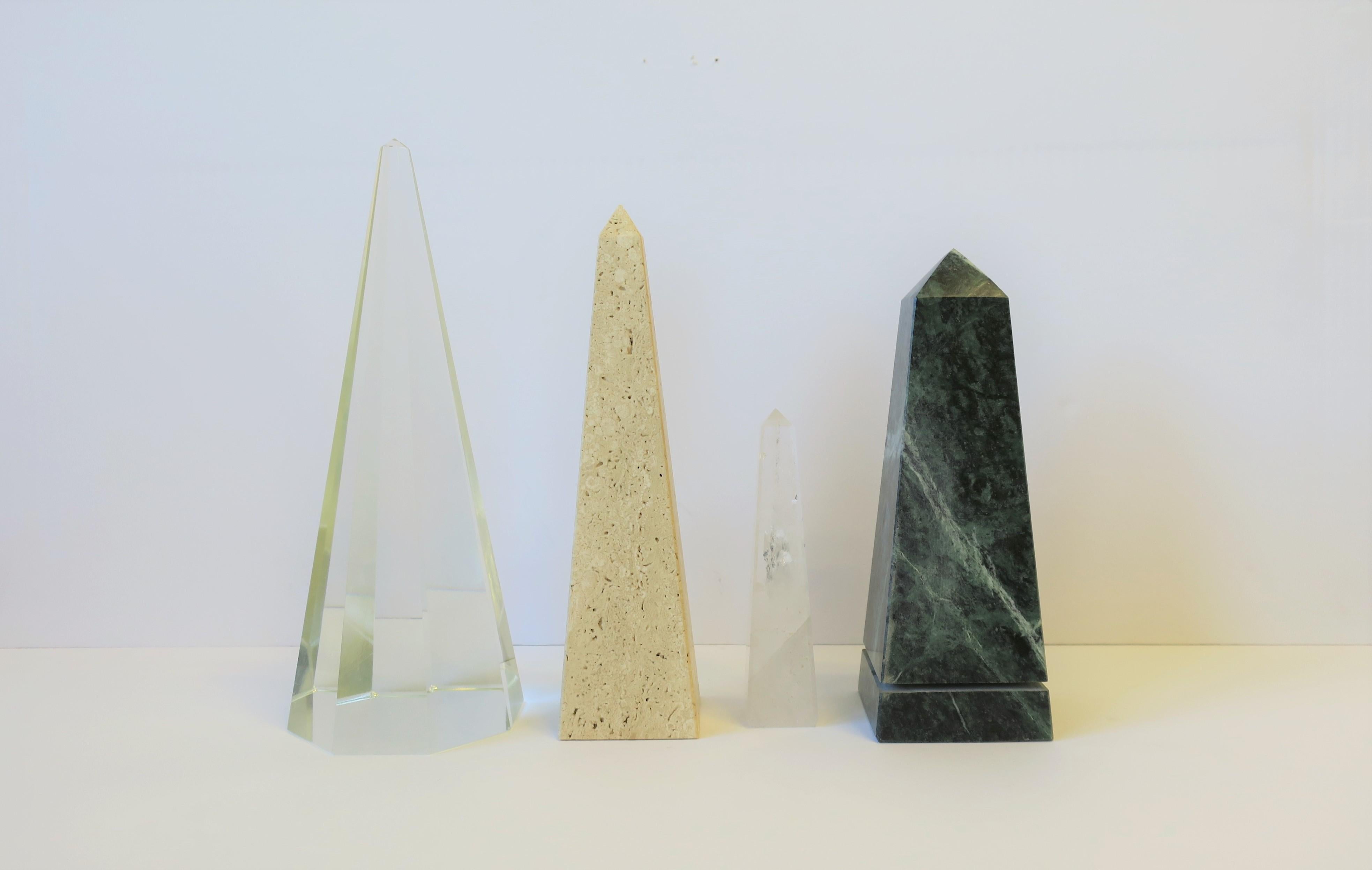 Beautiful Modern obelisk sculptures, ca. 1970s Modern. 
All of the vintage Modern obelisk sculptures featured here are offered as 'per item'. Buy just one, or two, three, or buy as many as all four. Materials include, respectively: crystal,